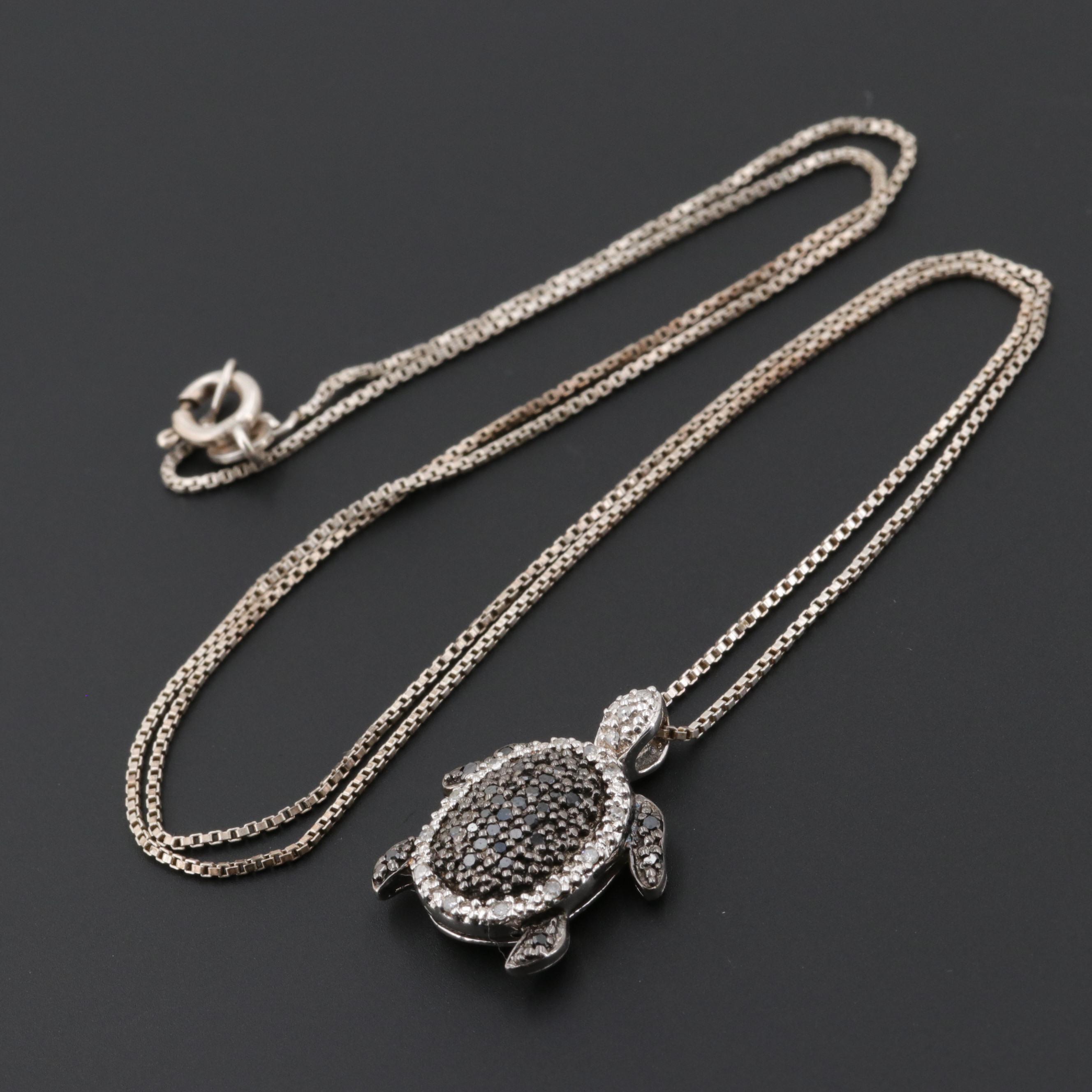 Sterling Silver Diamond and Black Diamond Turtle Pendant Necklace