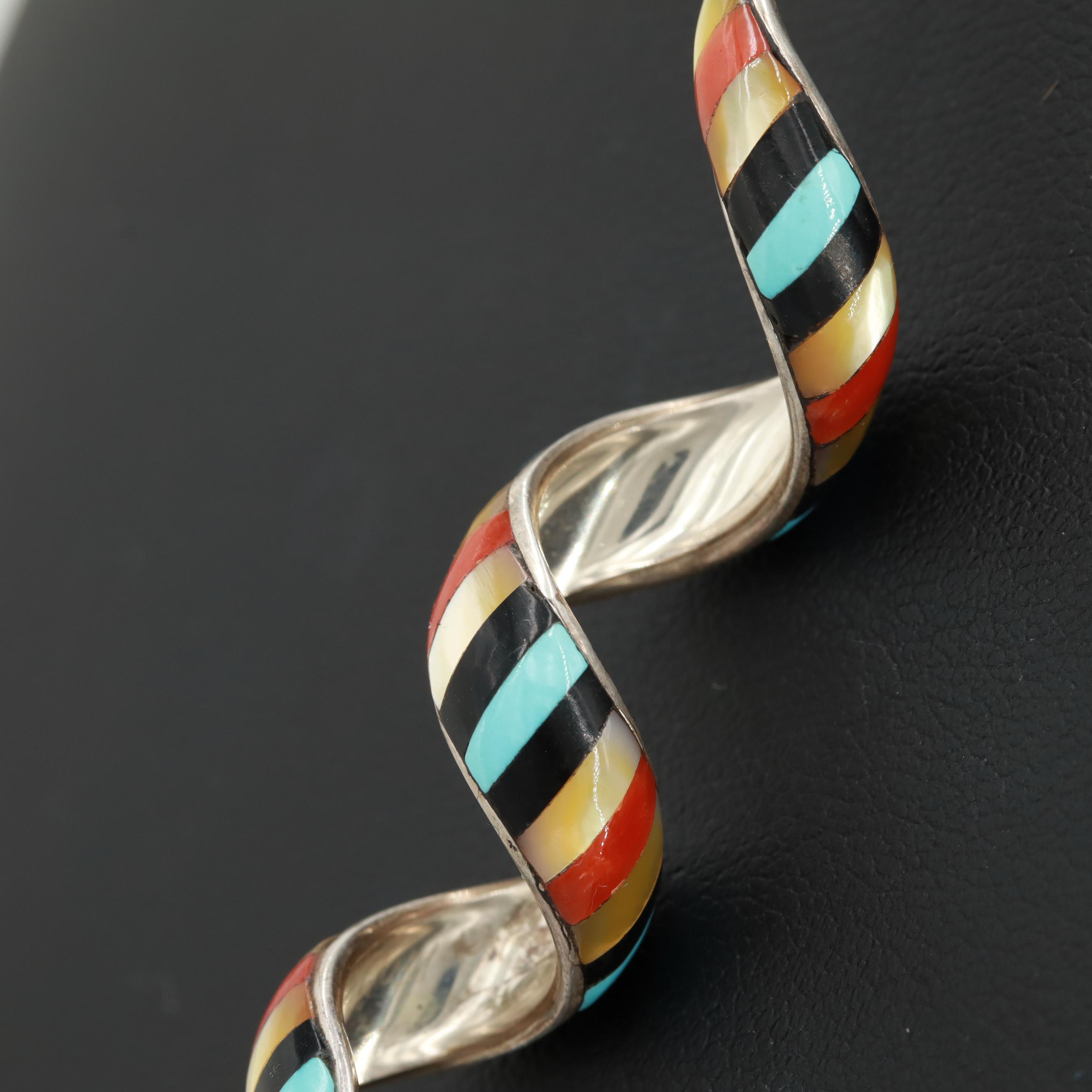 Sterling Silver Turquoise, Mother of Pearl, and Coral Spiral Pendant