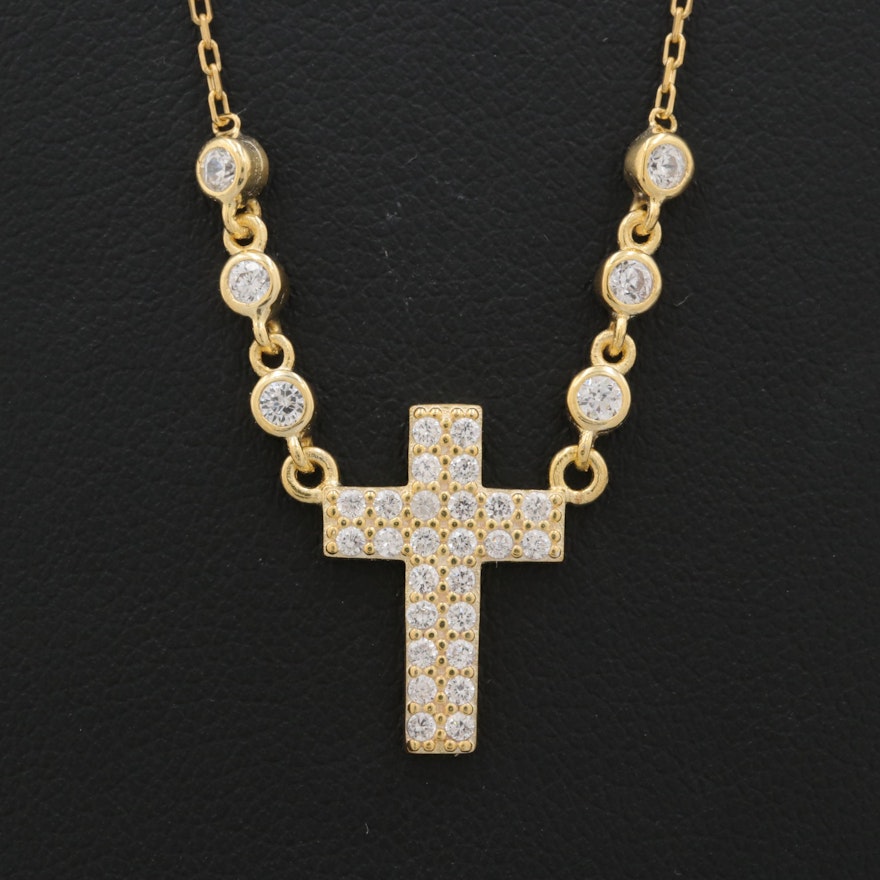 Gold Wash on Sterling Silver Cubic Zirconia Cross Necklace
