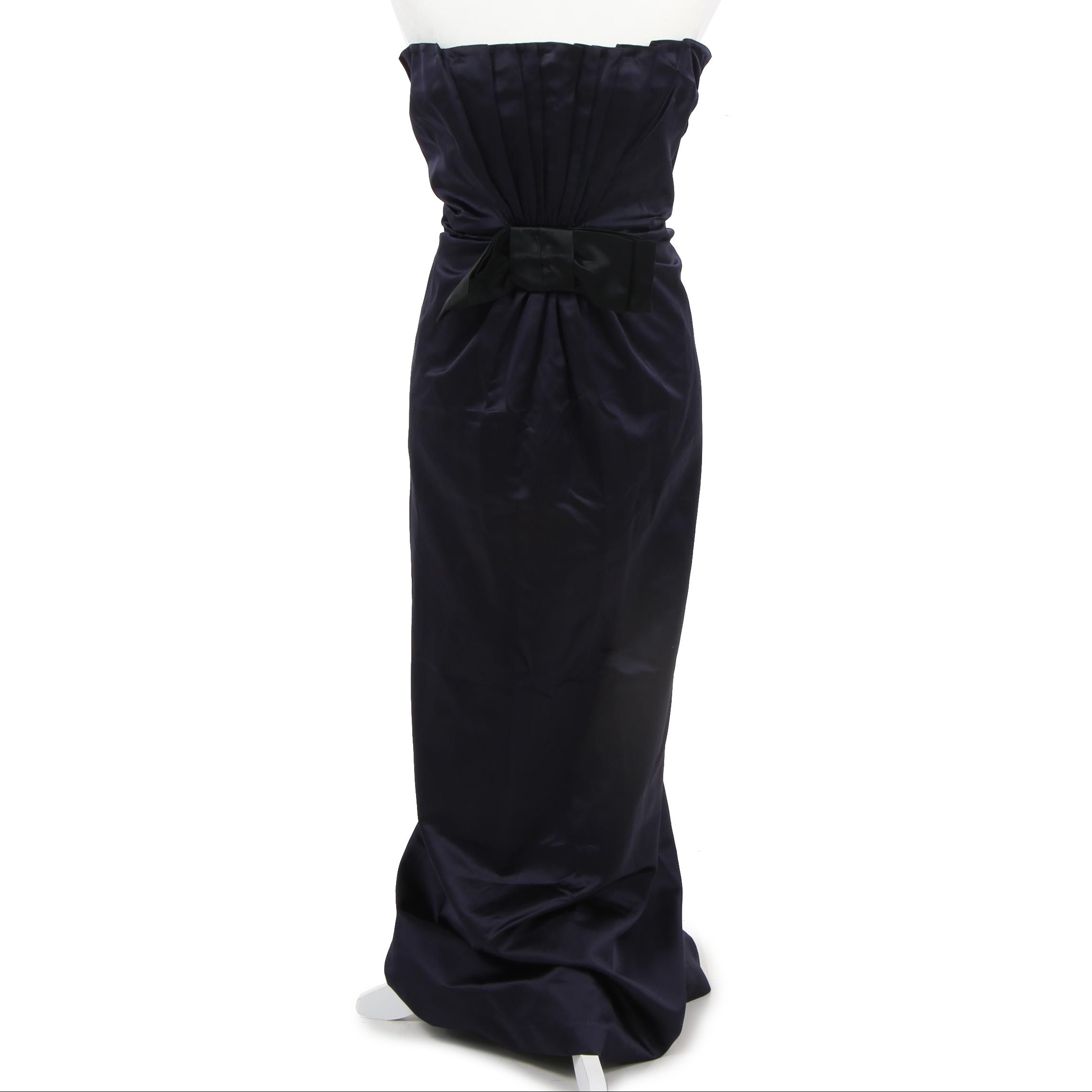 Prada Strapless Gown with Pleated Bodice in Dark Navy with Black Flat Bow