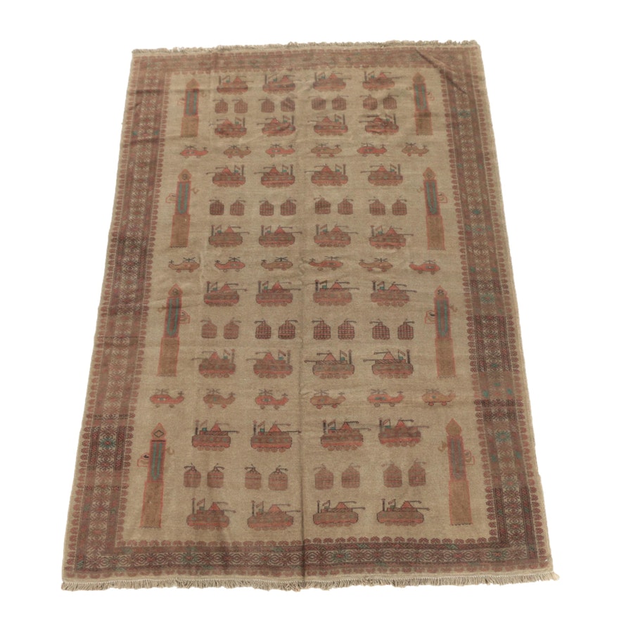 Hand-Knotted Afghan Pictorial "War" Wool Area Rug