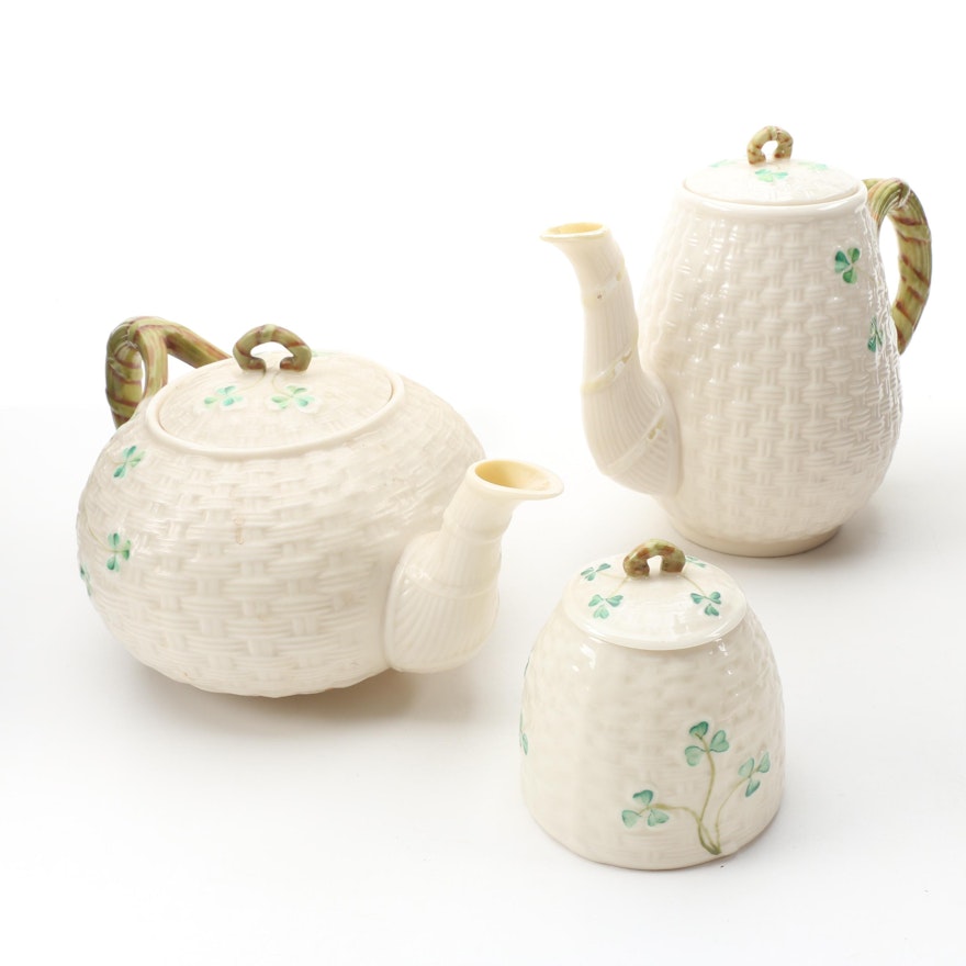 Belleek "Shamrock" Porcelain Teapot, Coffeepot and Marmalade Jar, 1955–1980