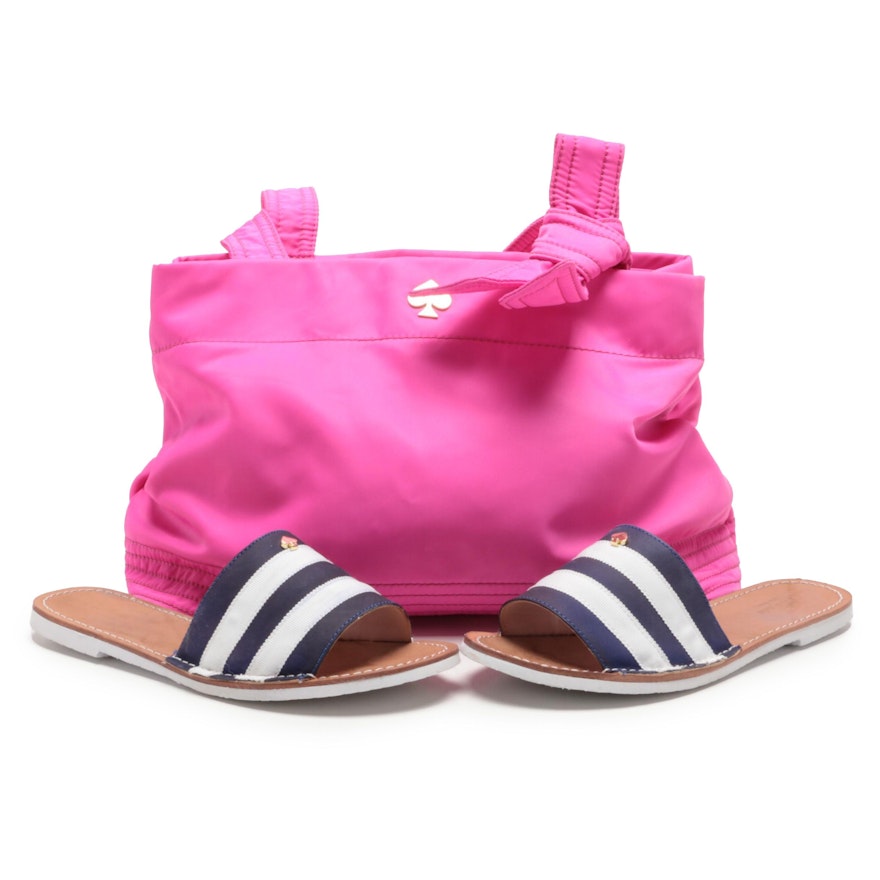 Kate Spade New York Hot Pink Vinyl Tote Bag and Navy and White Stripe Slides