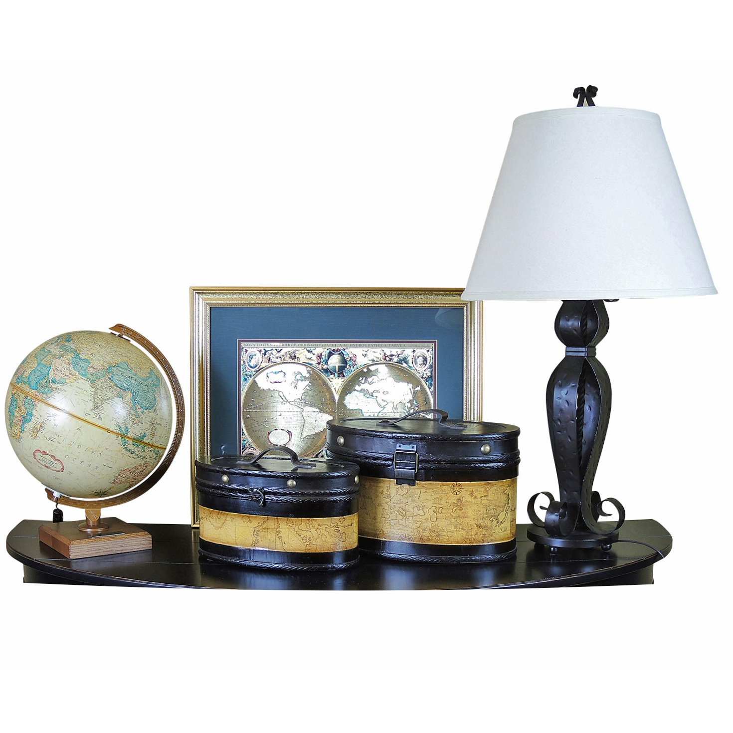 Maxim Table Lamp,  Henricus Hondios Geographic Map and Replogle Globe