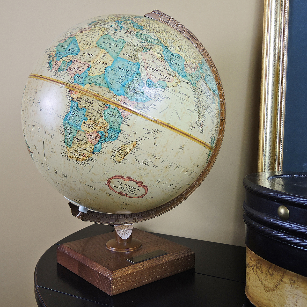 Maxim Table Lamp,  Henricus Hondios Geographic Map and Replogle Globe