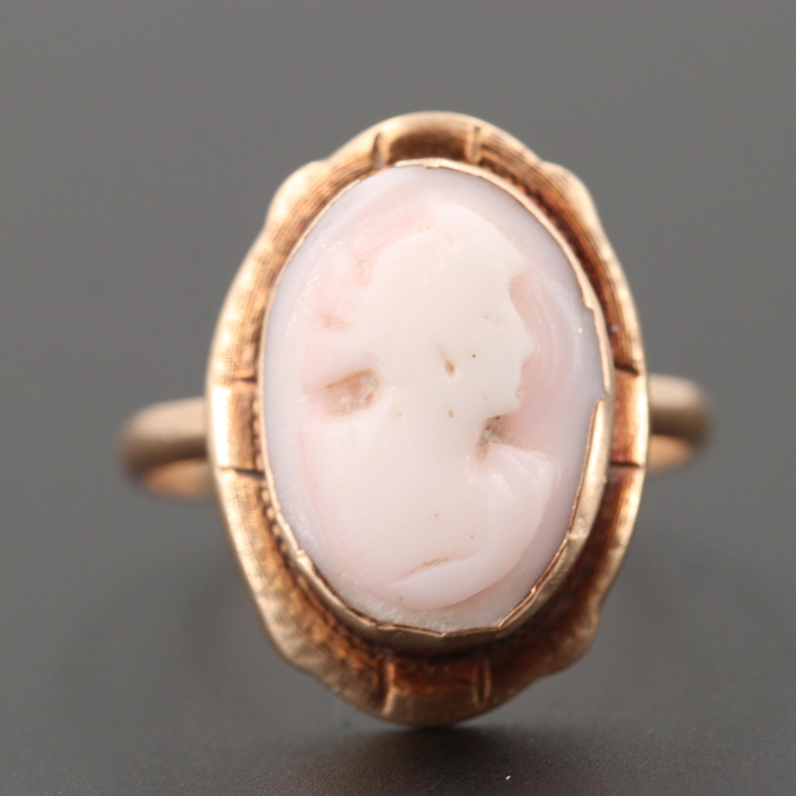 Antique 10K Rose Gold Carved Conch Shell Cameo Ring