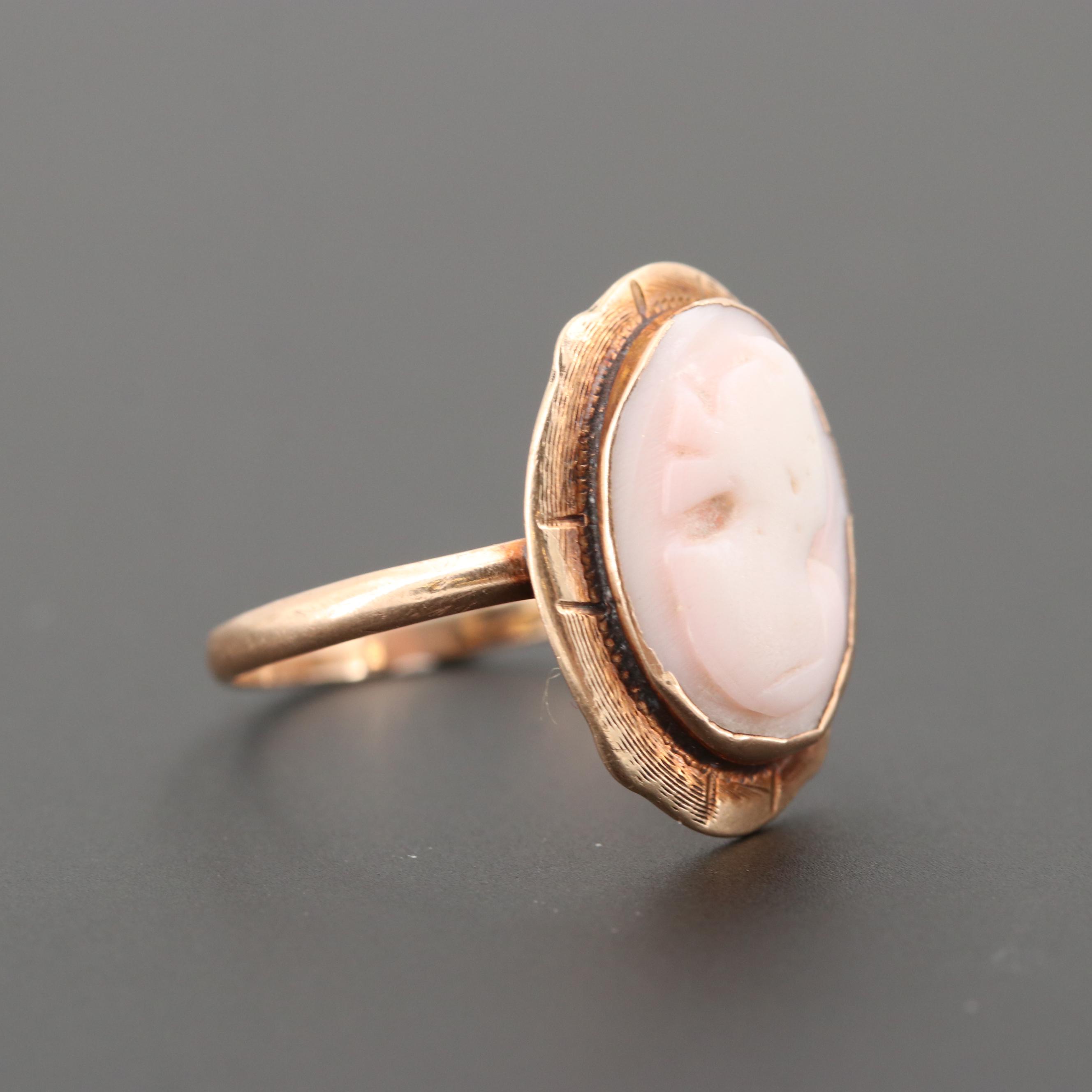 Antique 10K Rose Gold Carved Conch Shell Cameo Ring