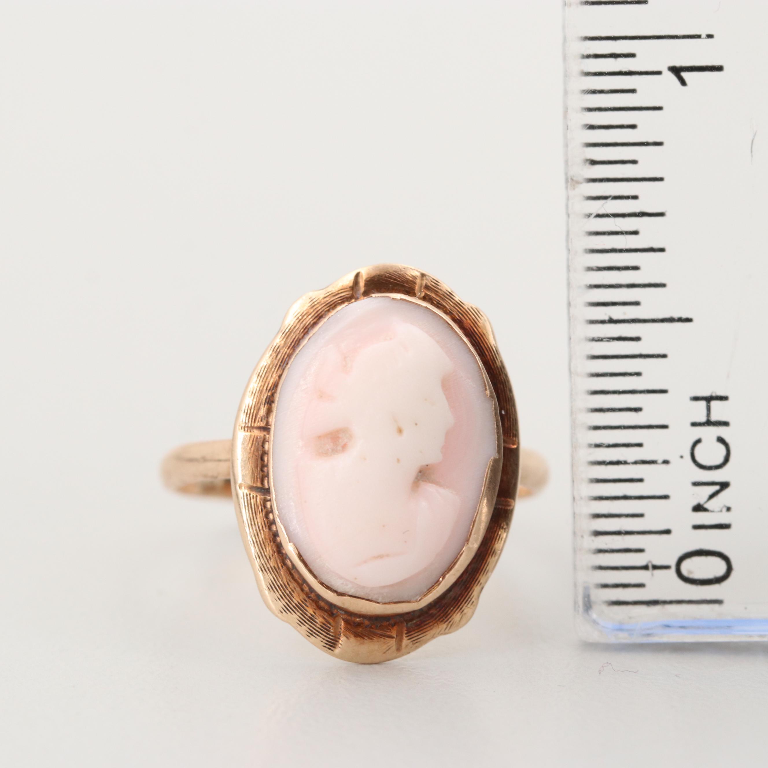 Antique 10K Rose Gold Carved Conch Shell Cameo Ring