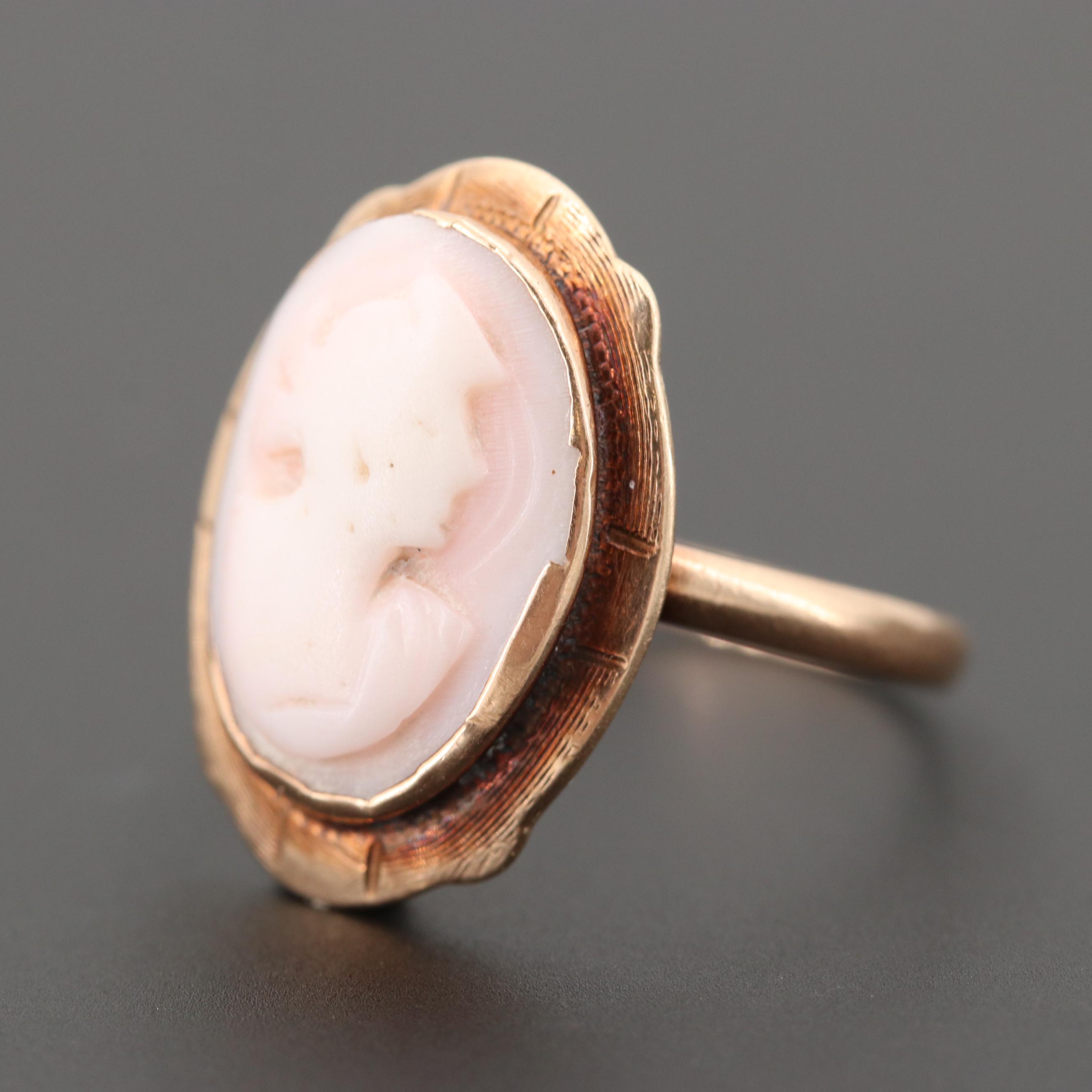 Antique 10K Rose Gold Carved Conch Shell Cameo Ring