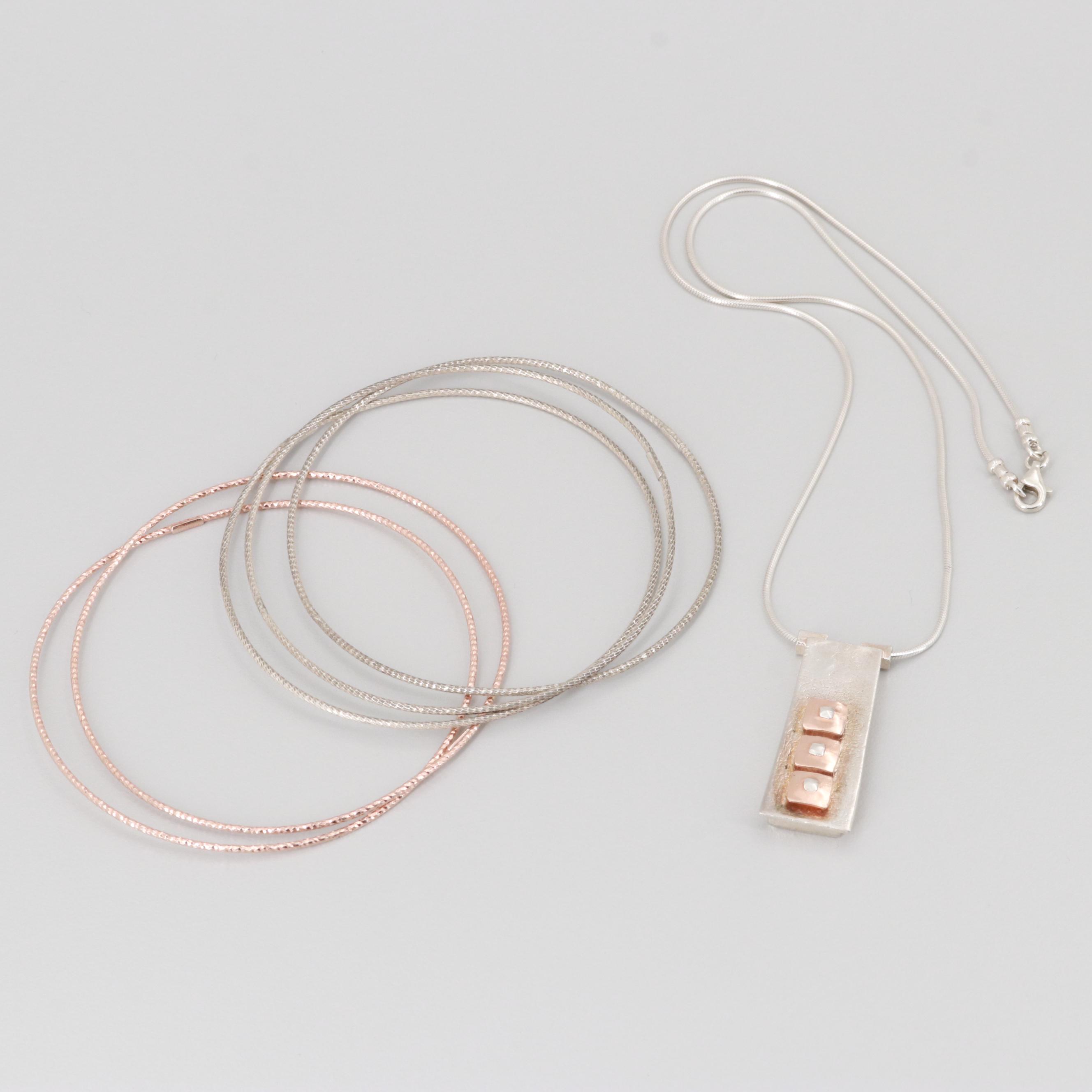 Sterling Silver Pendant Necklace and Textured Bangle Bracelets
