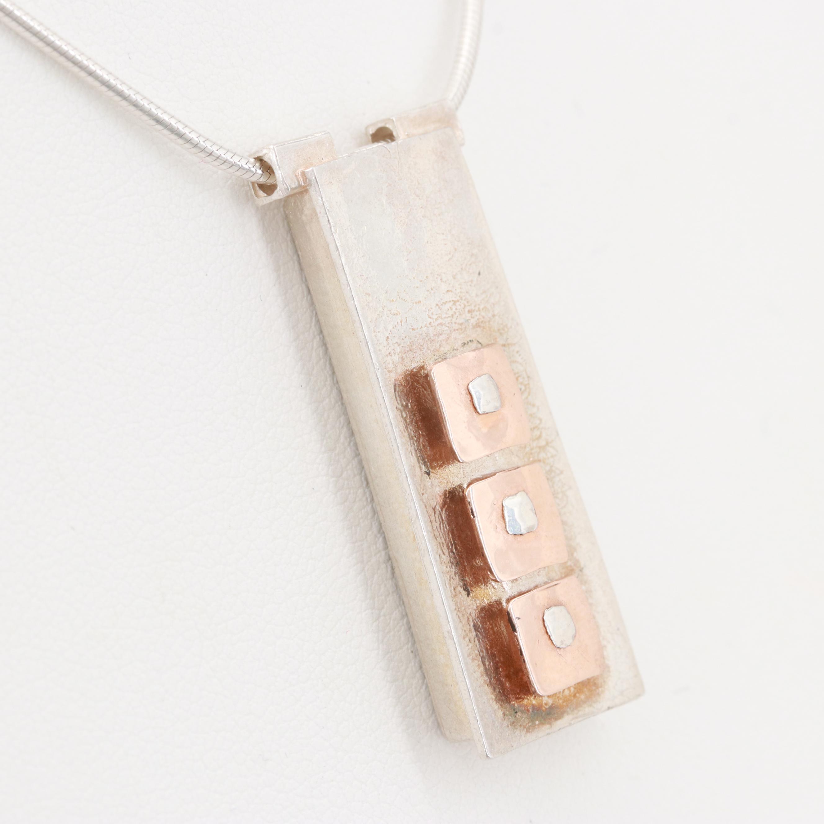 Sterling Silver Pendant Necklace and Textured Bangle Bracelets