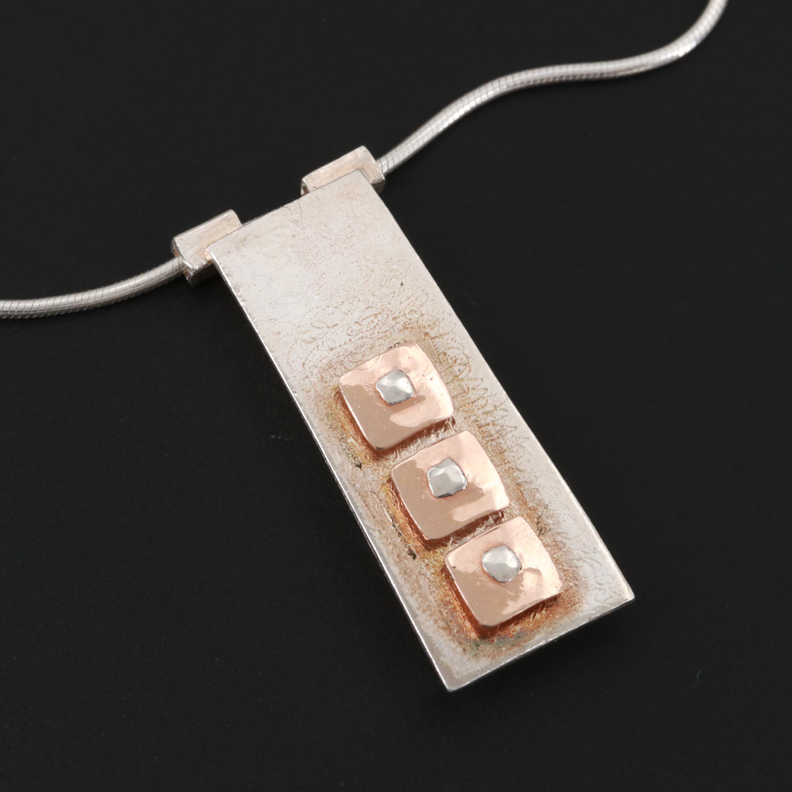 Sterling Silver Pendant Necklace and Textured Bangle Bracelets