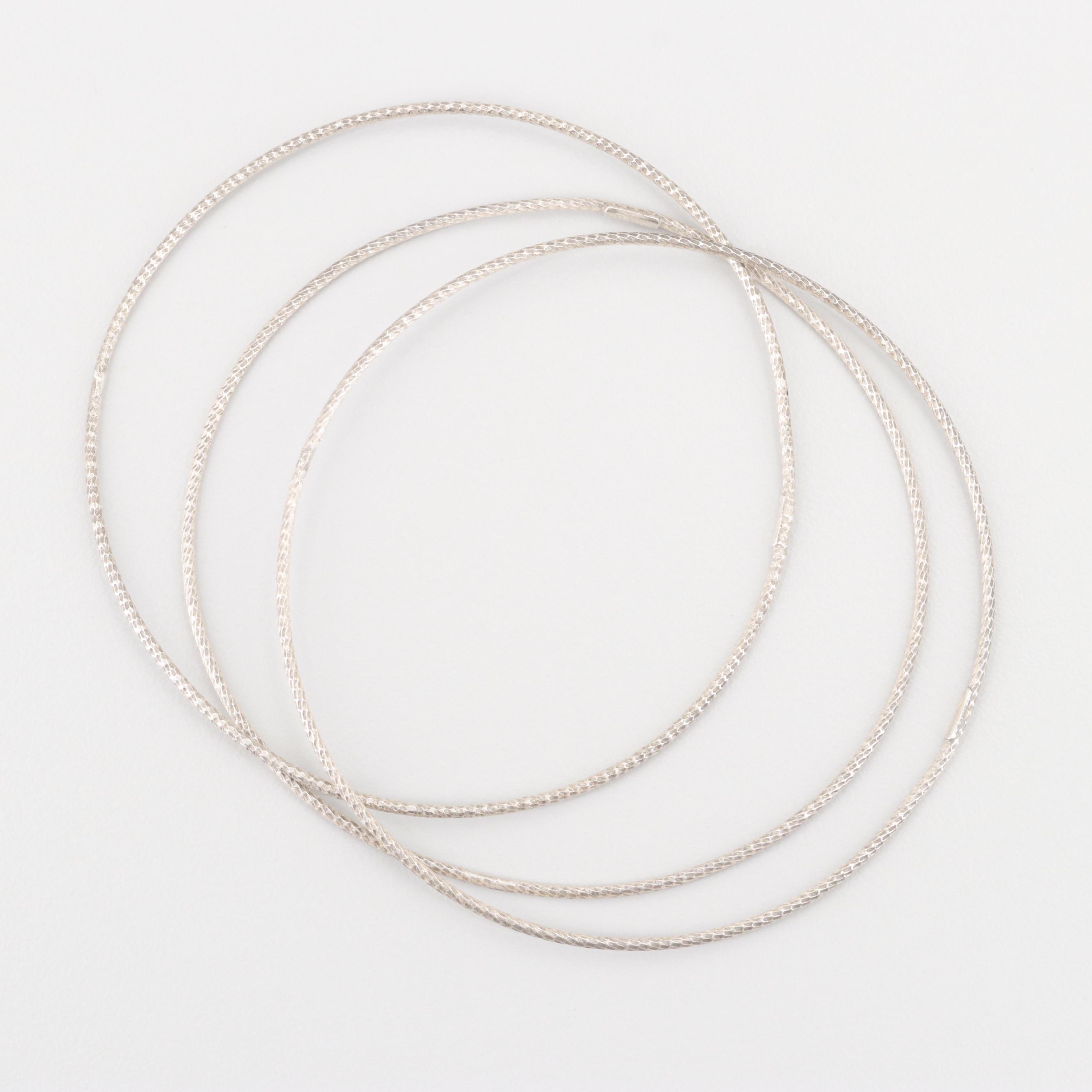 Sterling Silver Pendant Necklace and Textured Bangle Bracelets