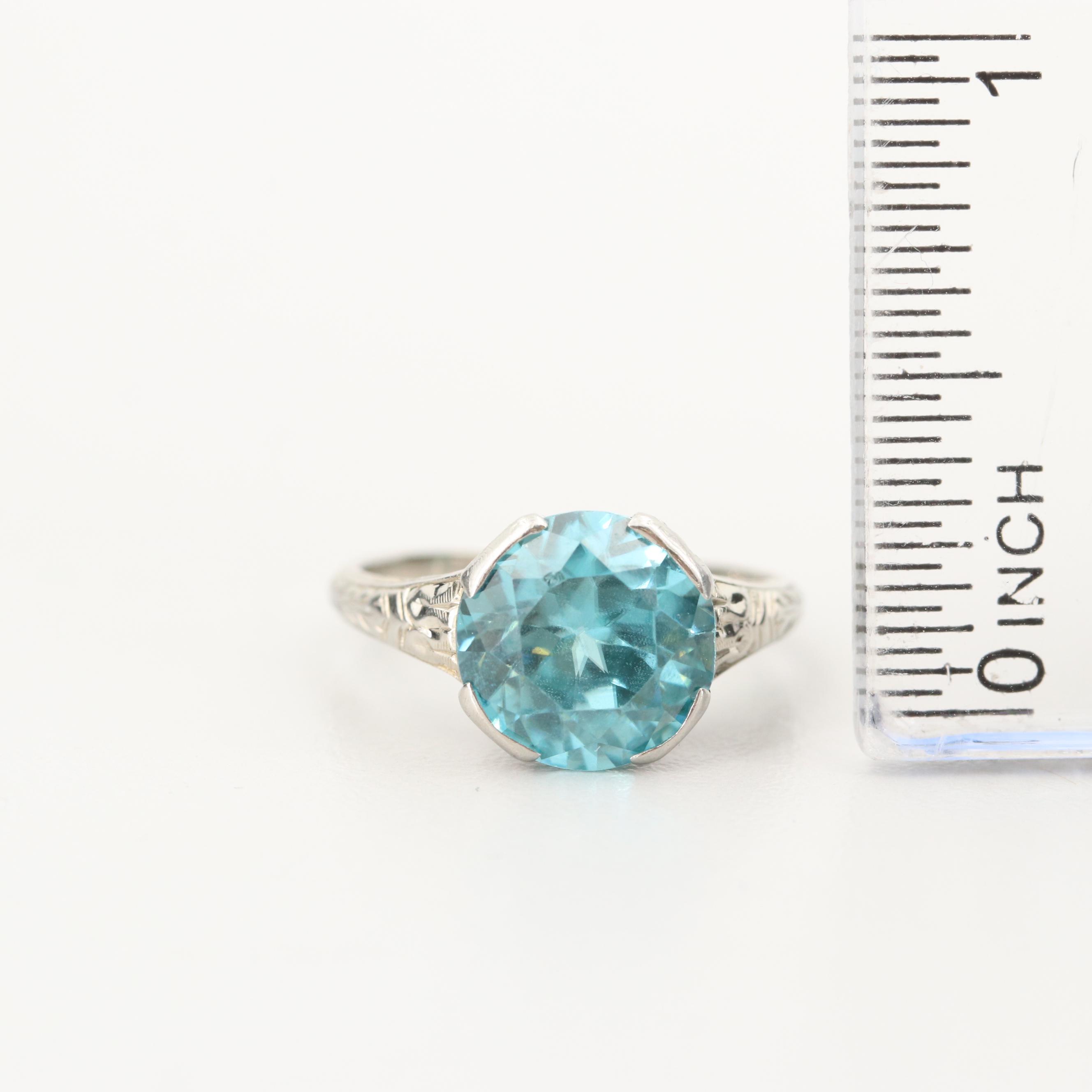 Art Deco 18K White Gold Zircon Ring with Engraved Wheat Sheaf Motif