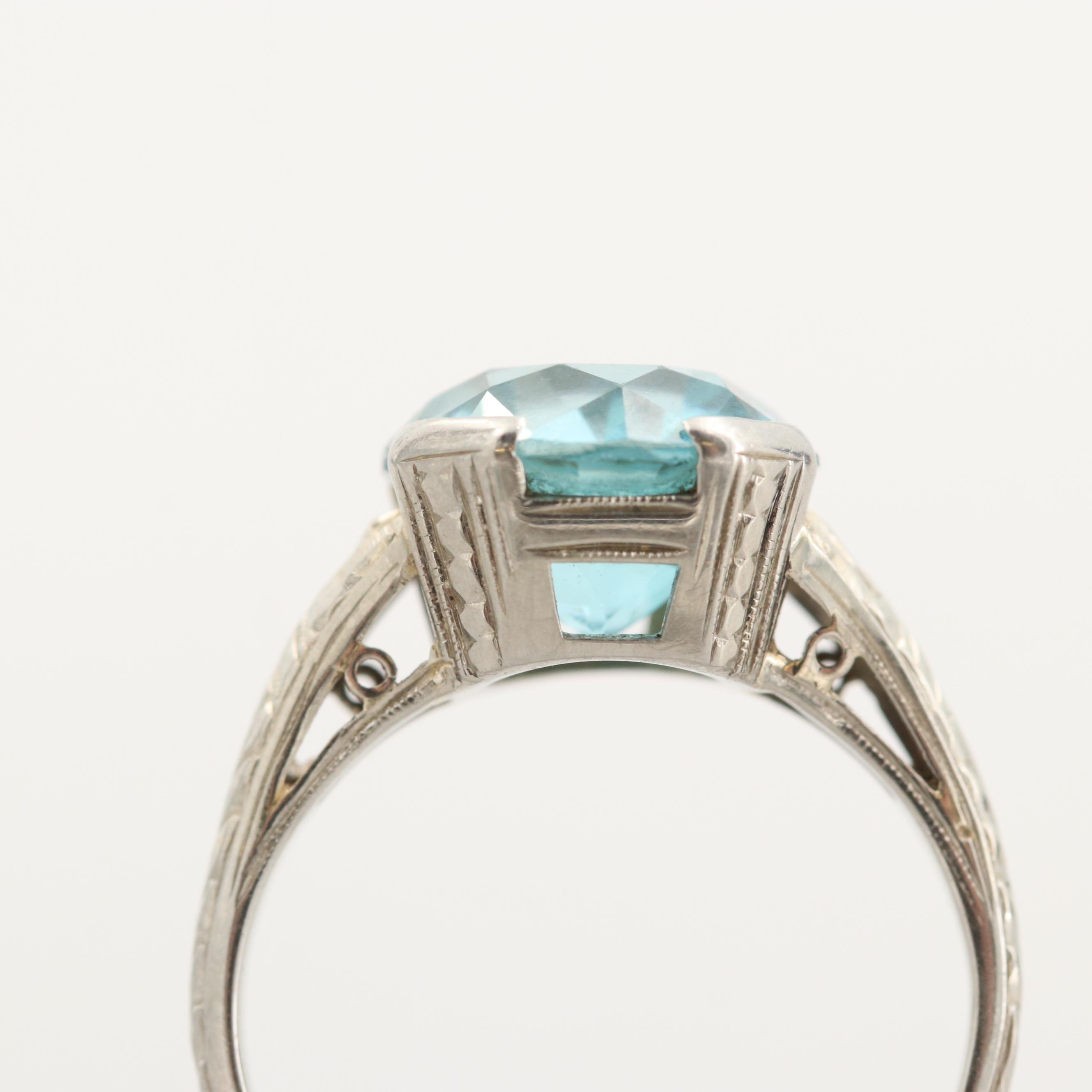 Art Deco 18K White Gold Zircon Ring with Engraved Wheat Sheaf Motif