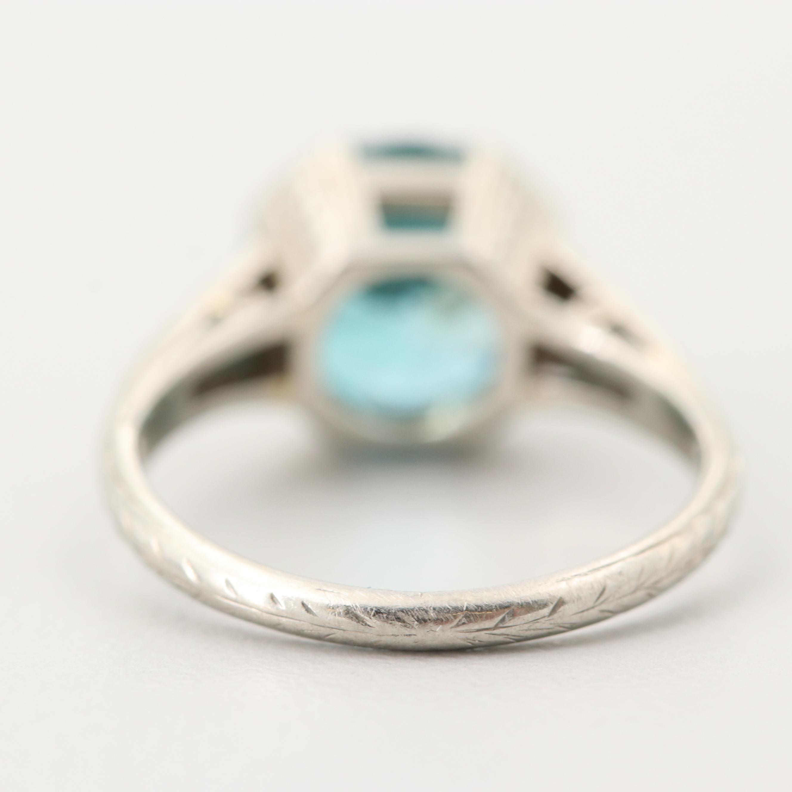 Art Deco 18K White Gold Zircon Ring with Engraved Wheat Sheaf Motif