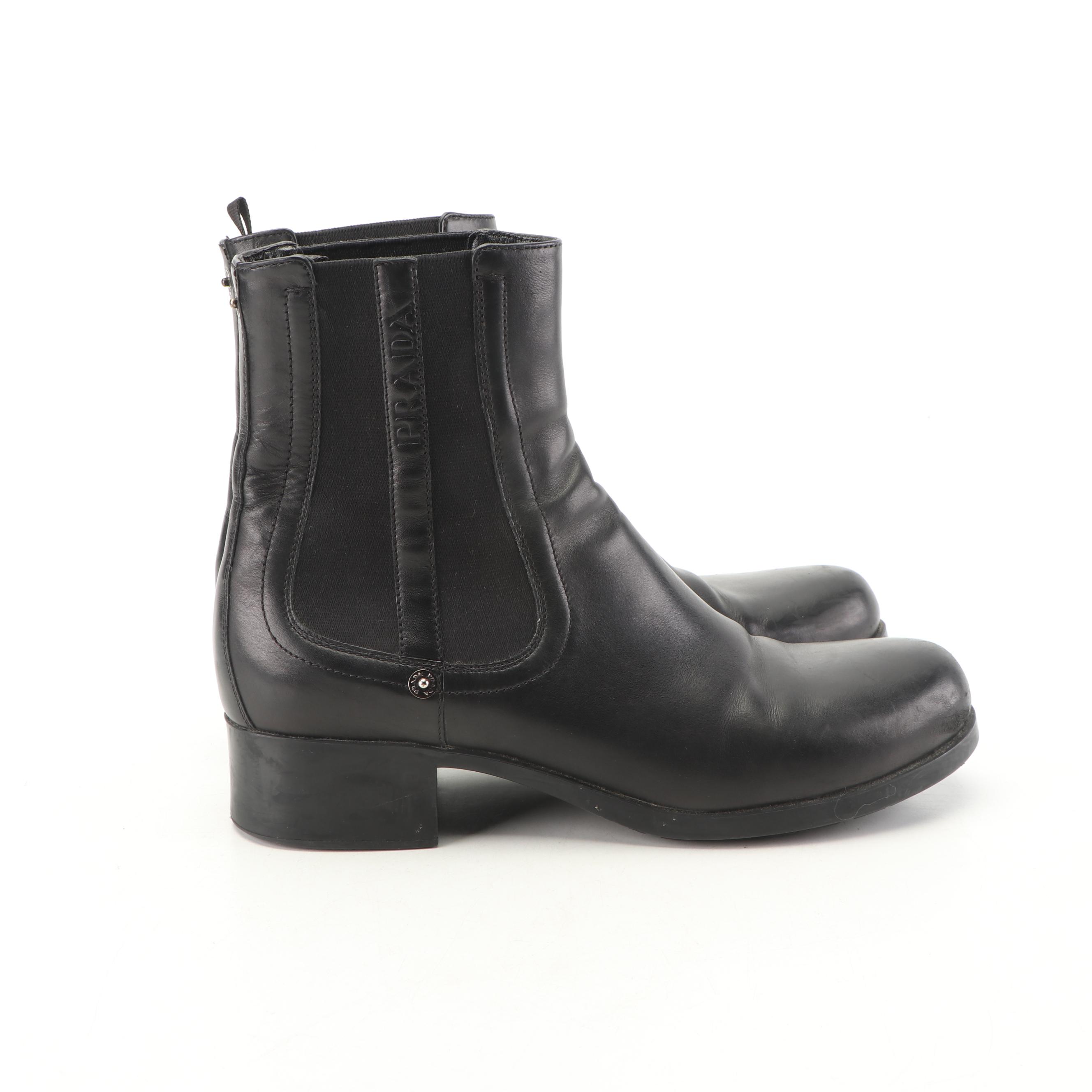 Prada Calzature Donna Black Calfskin Leather Booties
