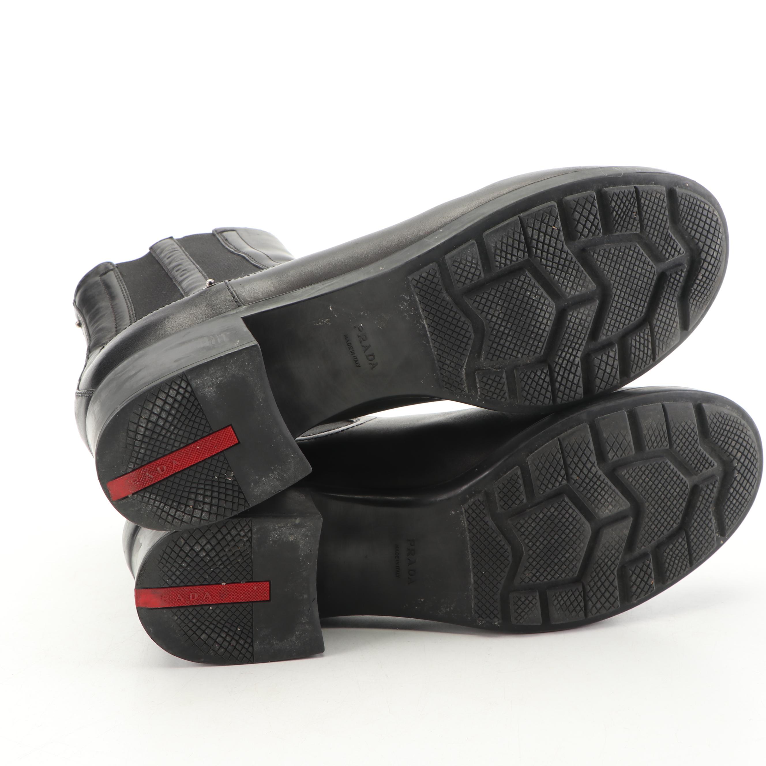 Prada Calzature Donna Black Calfskin Leather Booties