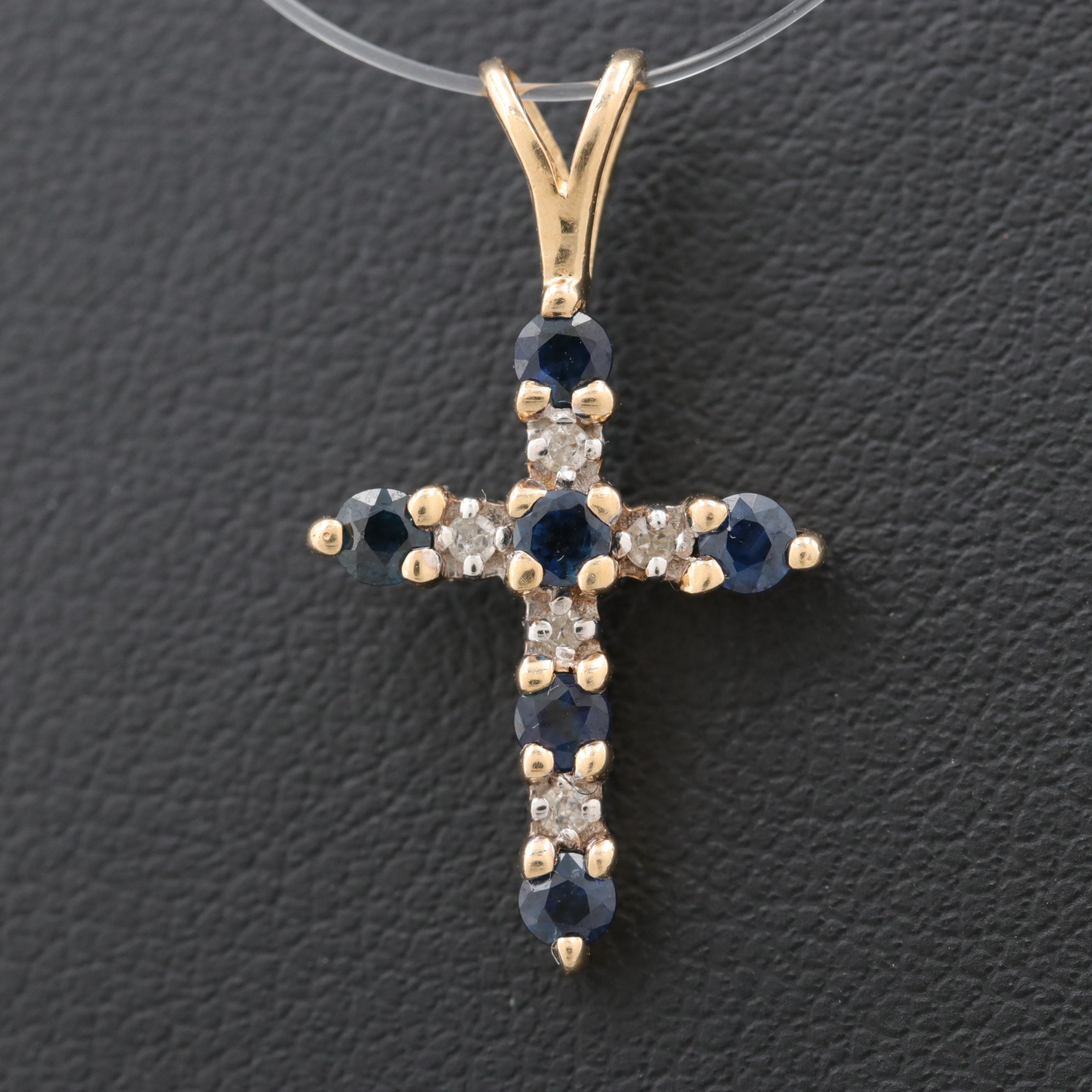 14K Yellow Gold Blue Sapphire and Diamond Cross Pendant