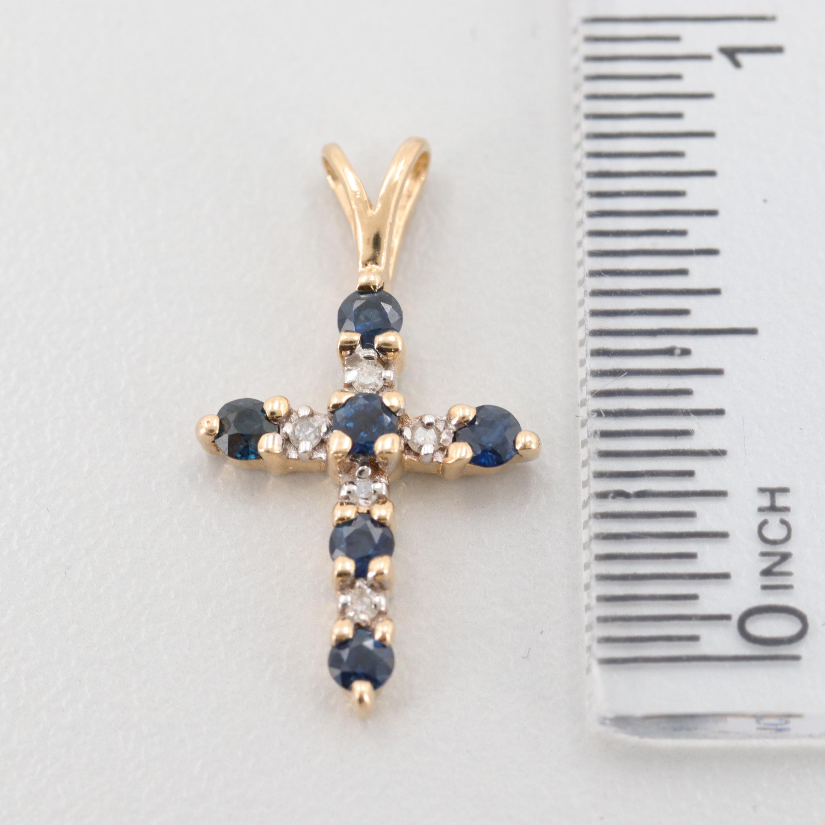 14K Yellow Gold Blue Sapphire and Diamond Cross Pendant
