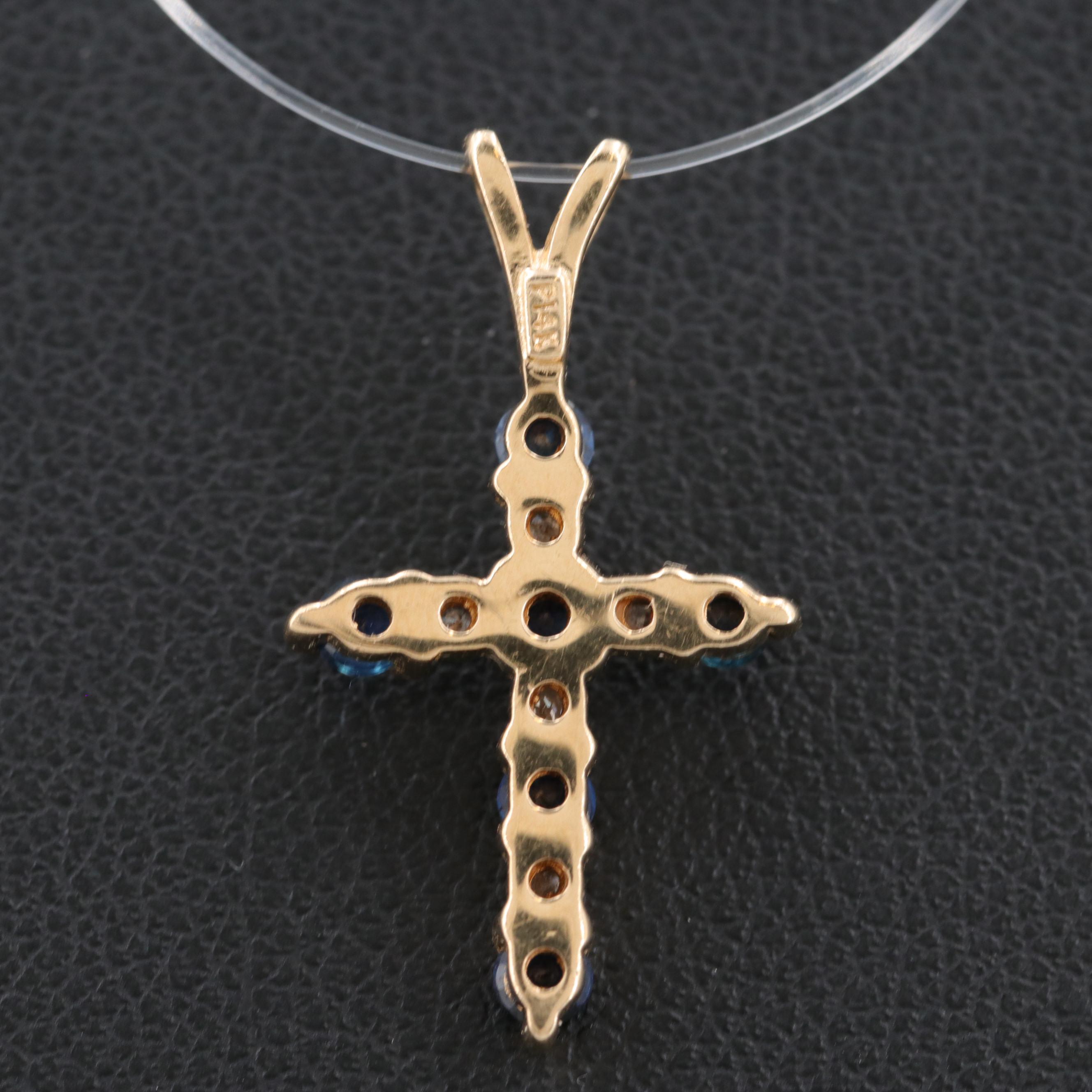 14K Yellow Gold Blue Sapphire and Diamond Cross Pendant