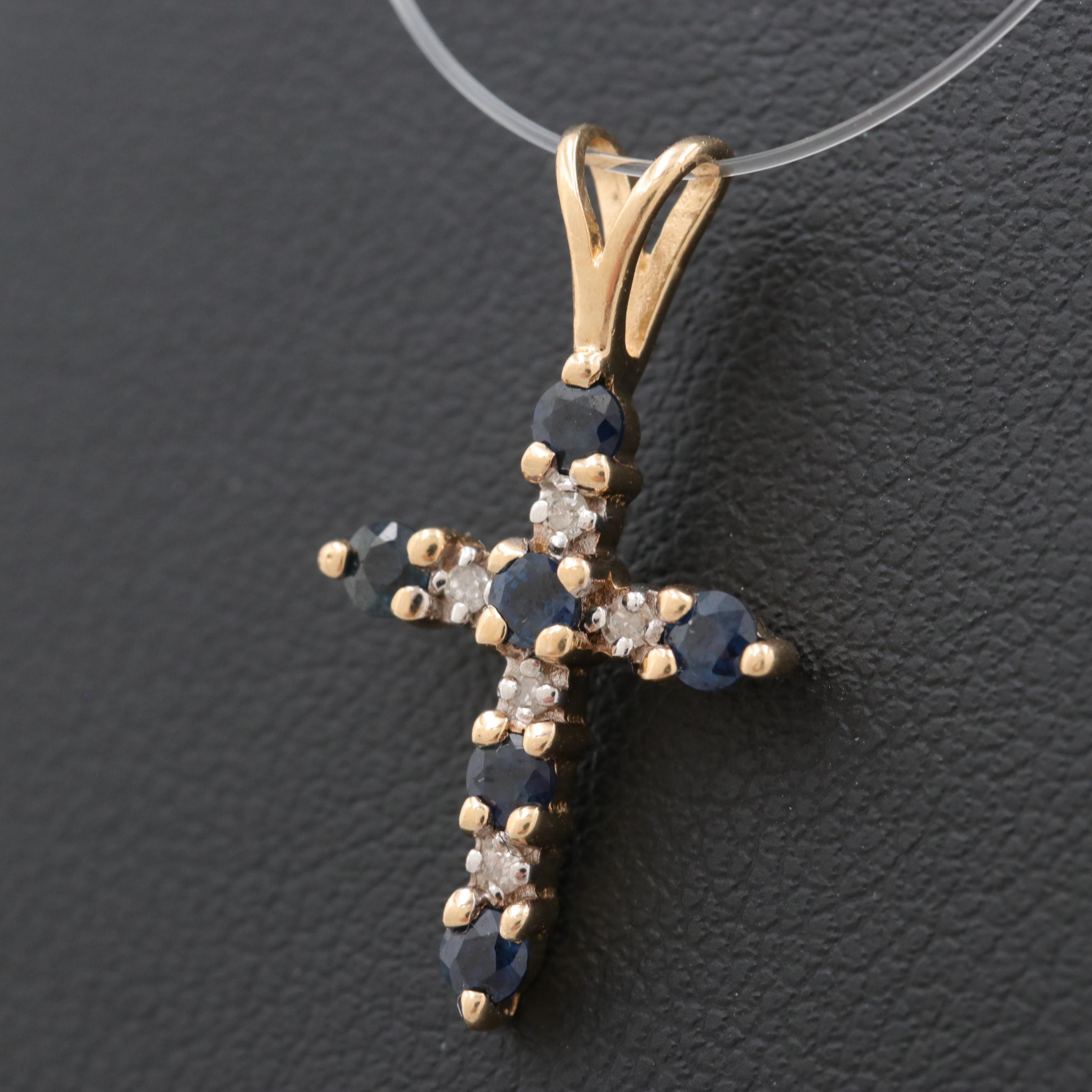 14K Yellow Gold Blue Sapphire and Diamond Cross Pendant