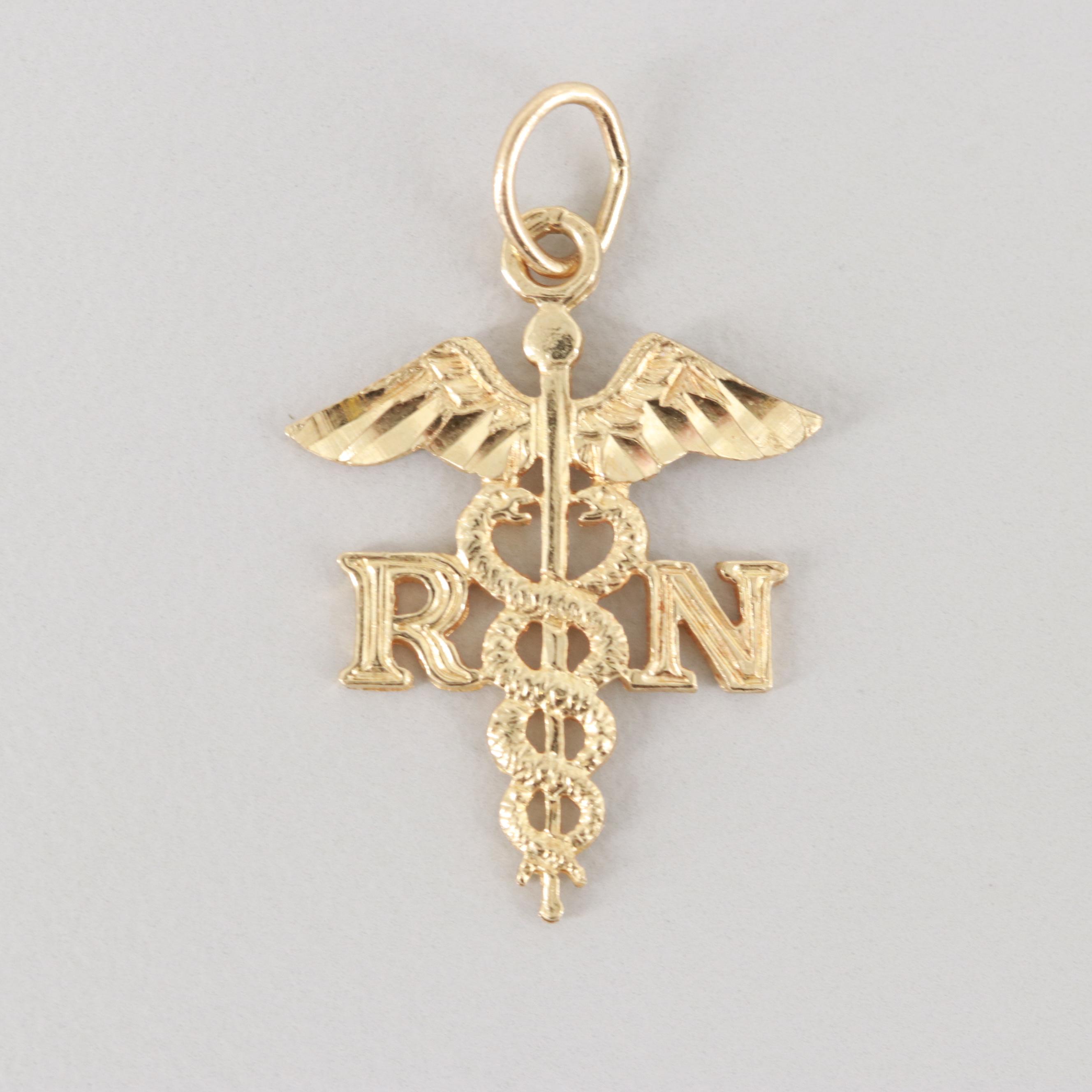 14K Yellow Gold Caduceus "RN" Pendant