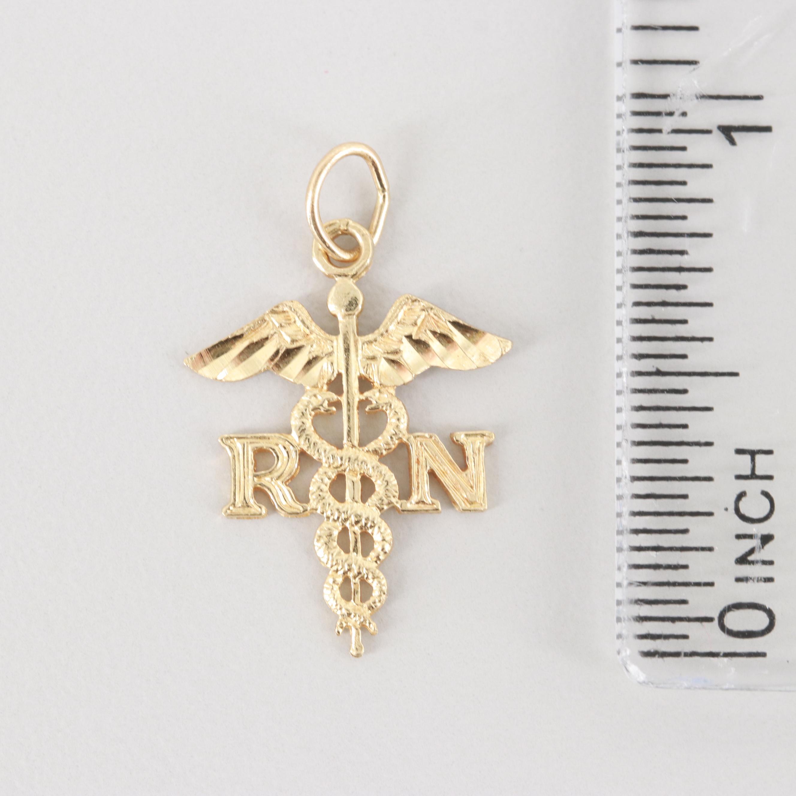 14K Yellow Gold Caduceus "RN" Pendant