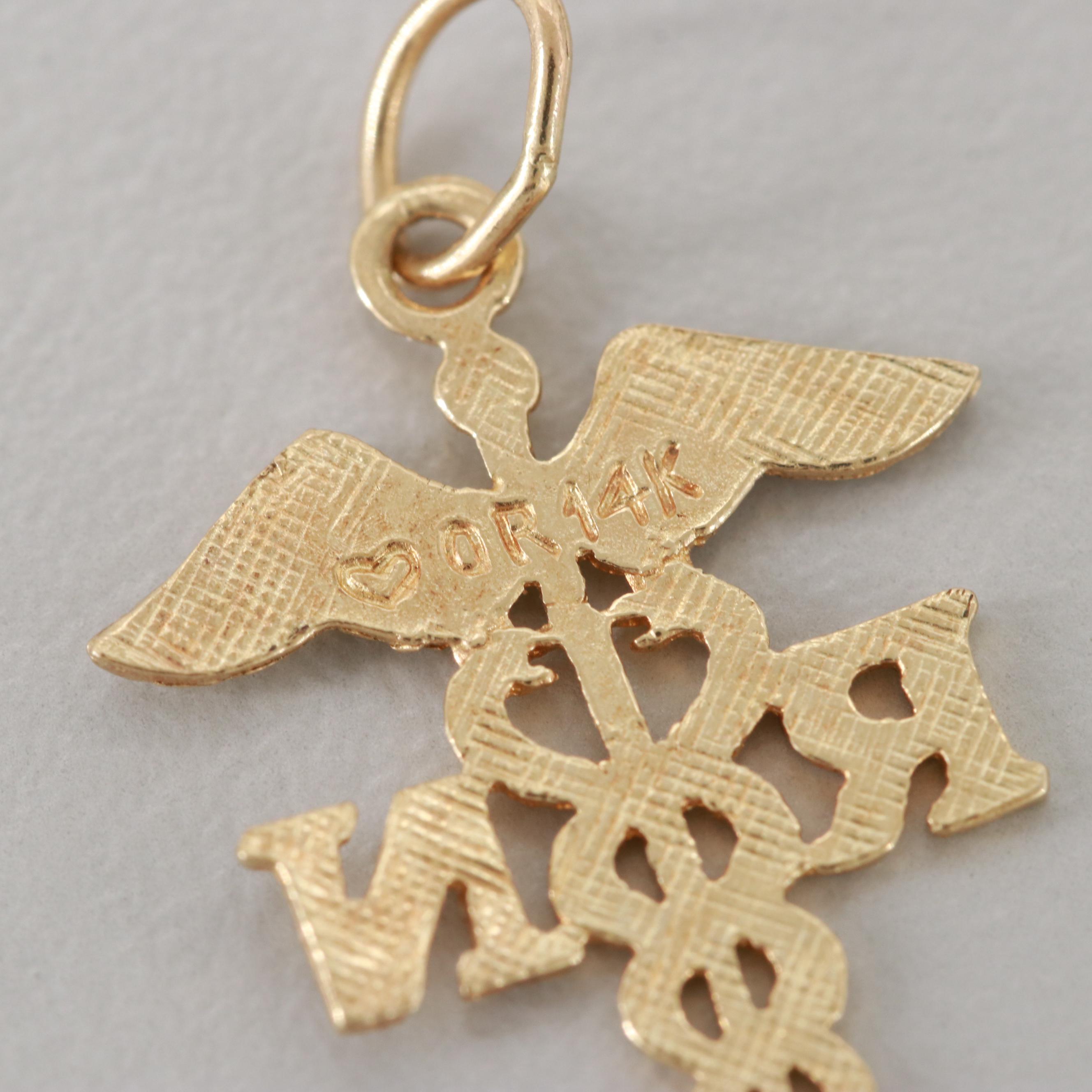 14K Yellow Gold Caduceus "RN" Pendant
