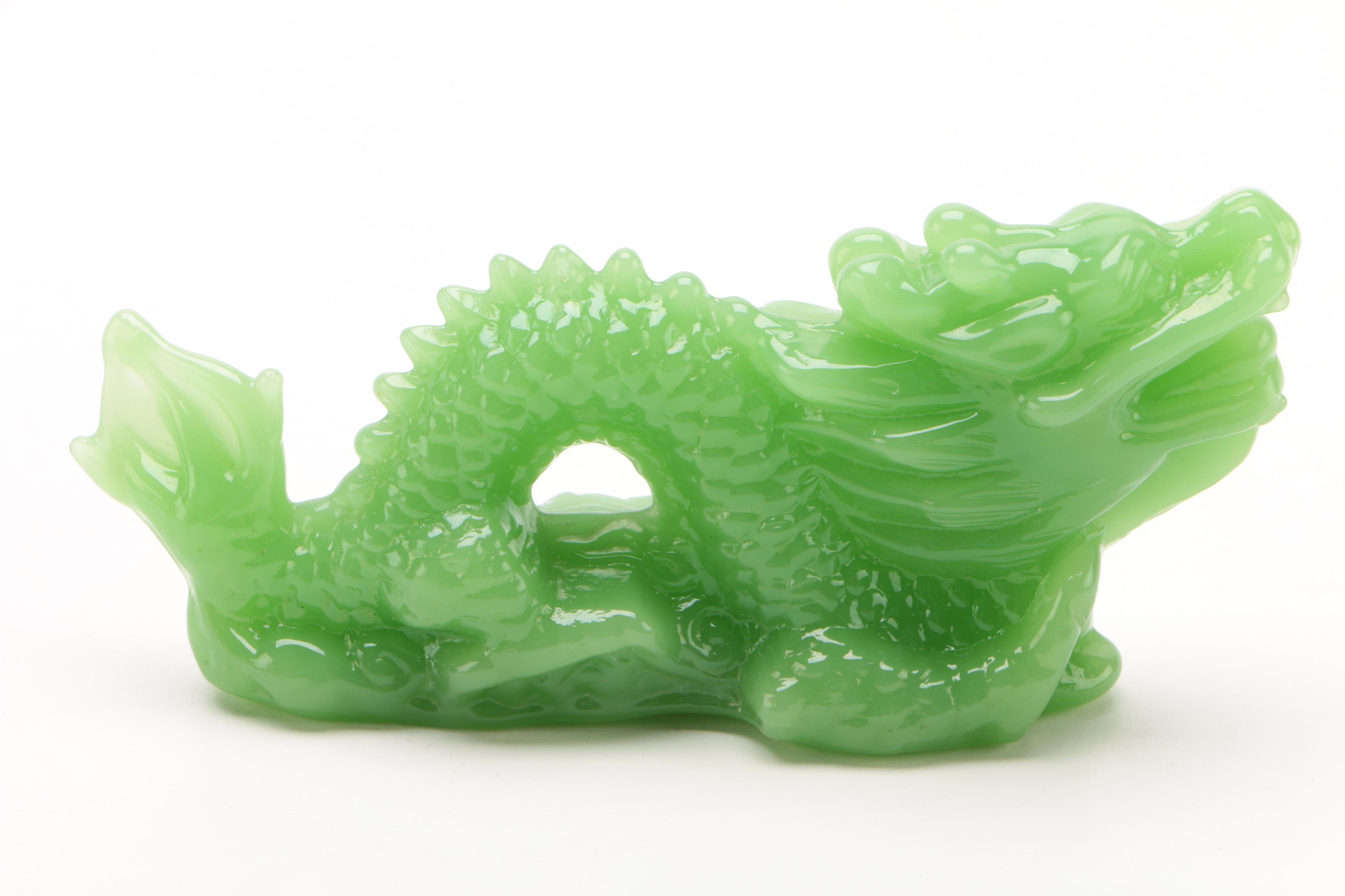 Chinese Glass Dragon Figurine with Wooden Stamp Box