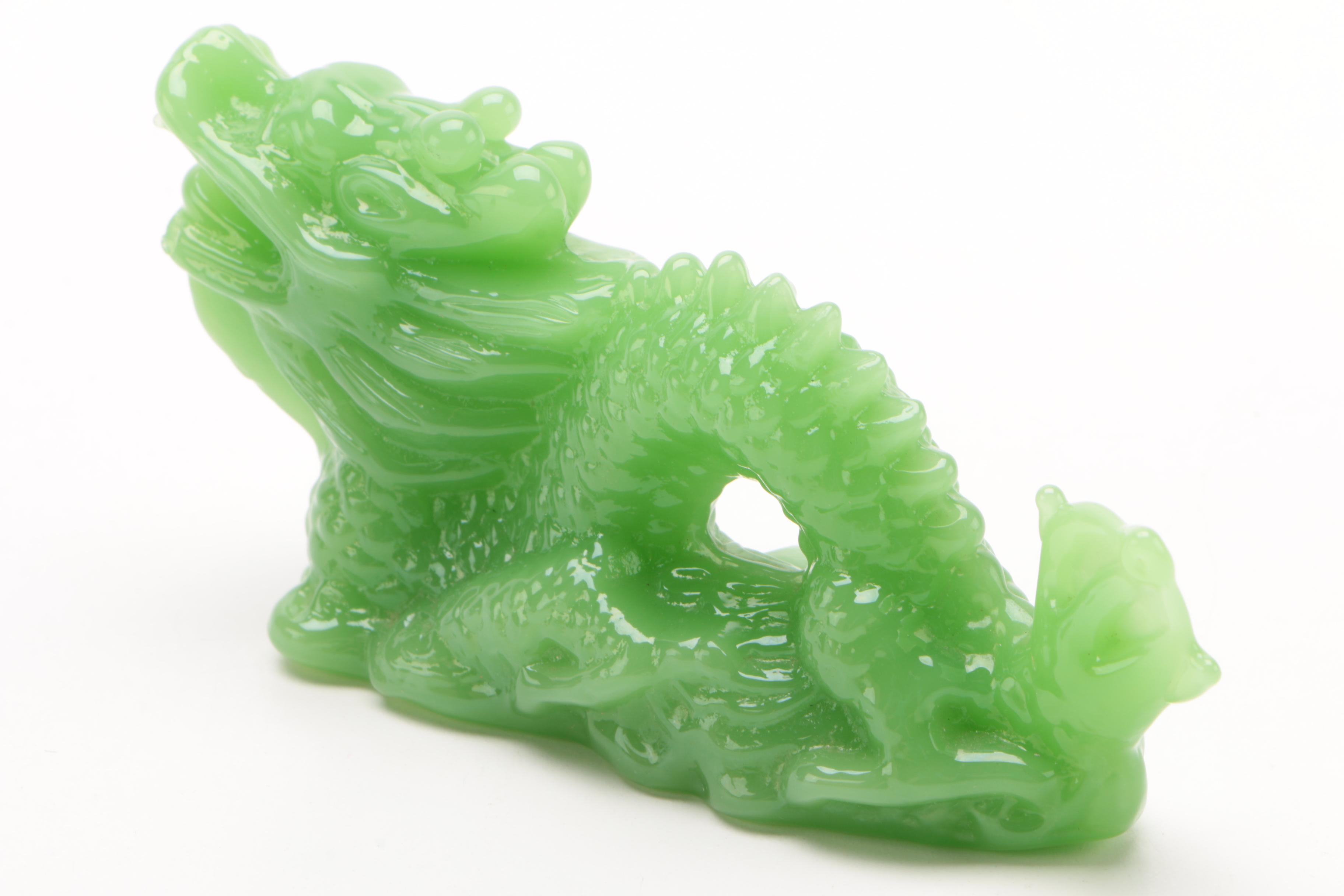 Chinese Glass Dragon Figurine with Wooden Stamp Box