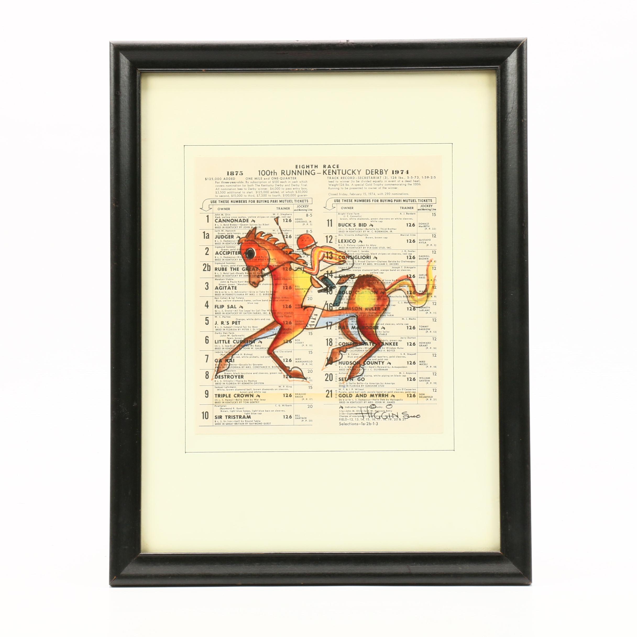 Jon Higgins Ink and Watercolor Drawing of 1974 Kentucky Derby Winner "Cannonade"