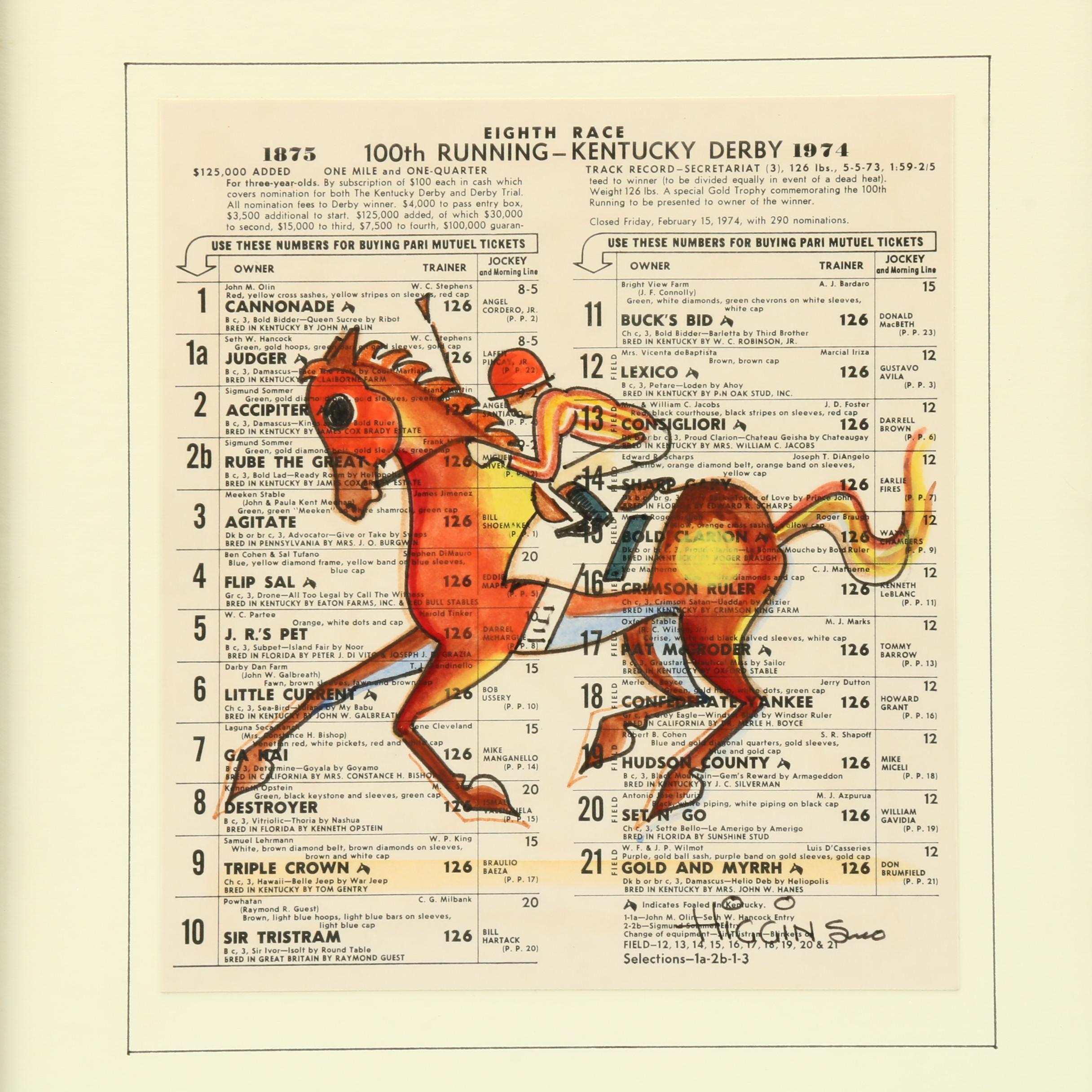 Jon Higgins Ink and Watercolor Drawing of 1974 Kentucky Derby Winner "Cannonade"
