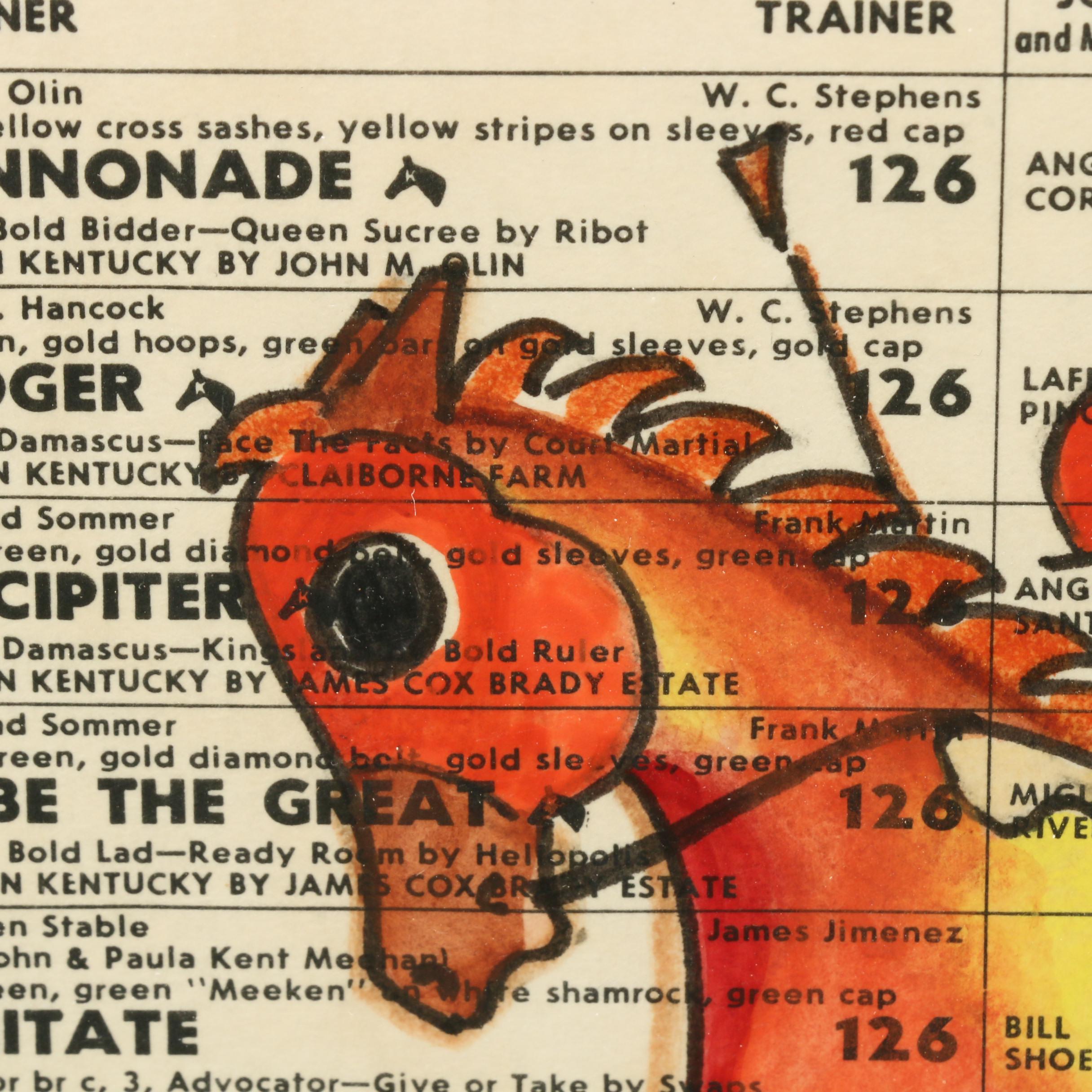 Jon Higgins Ink and Watercolor Drawing of 1974 Kentucky Derby Winner "Cannonade"