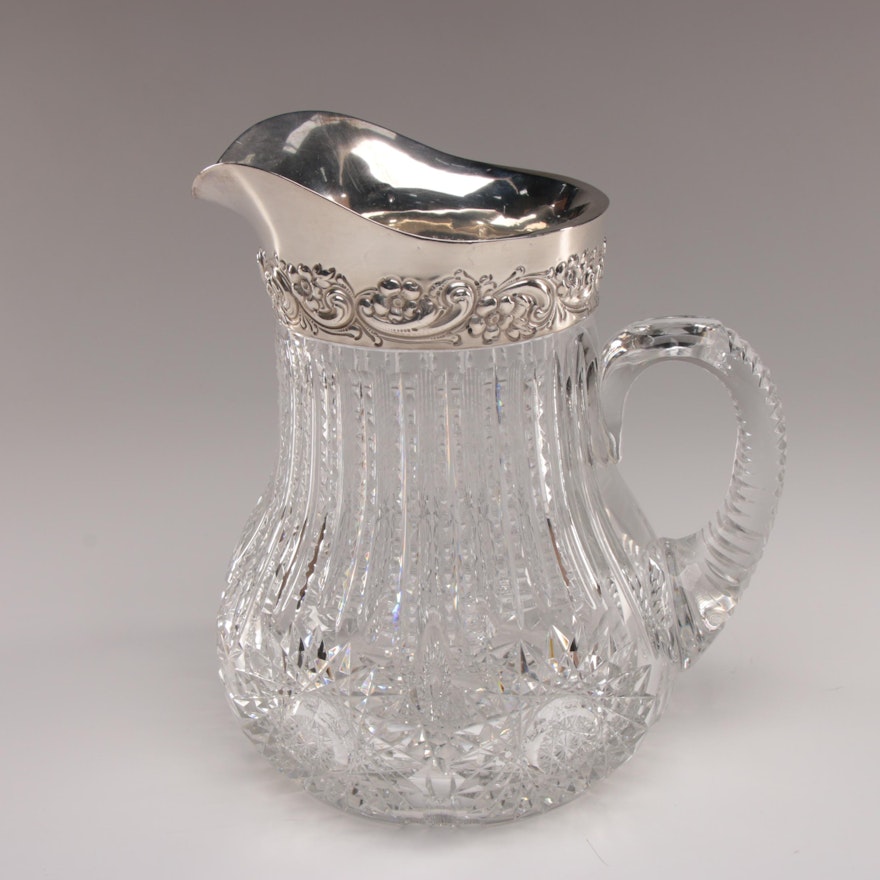 American Brilliant Cut Glass Pitcher with Dominick & Haff Sterling Lip