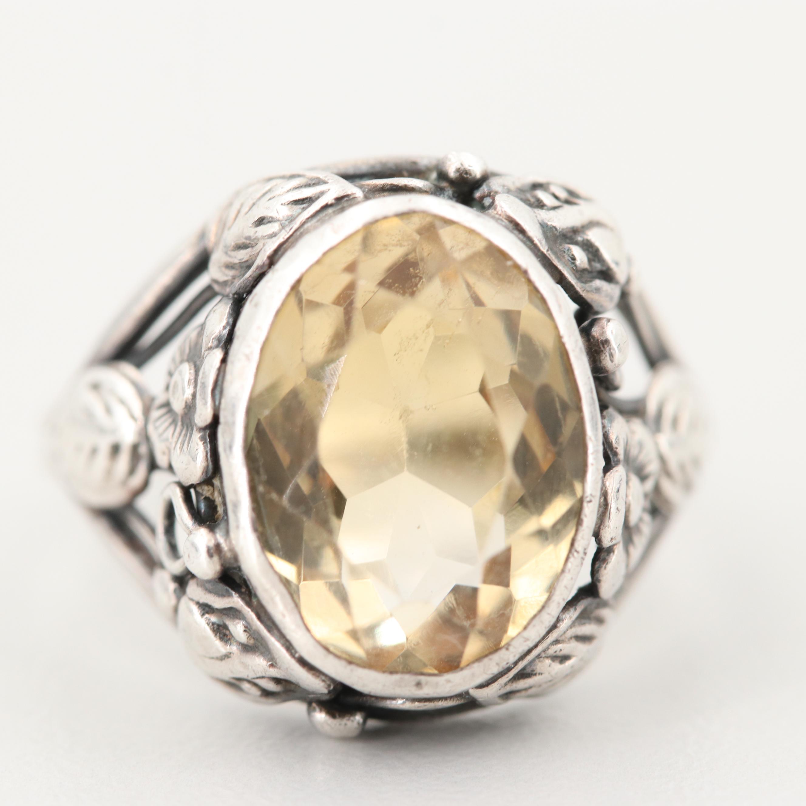 Sterling Silver Citrine Ring with Floral Motif
