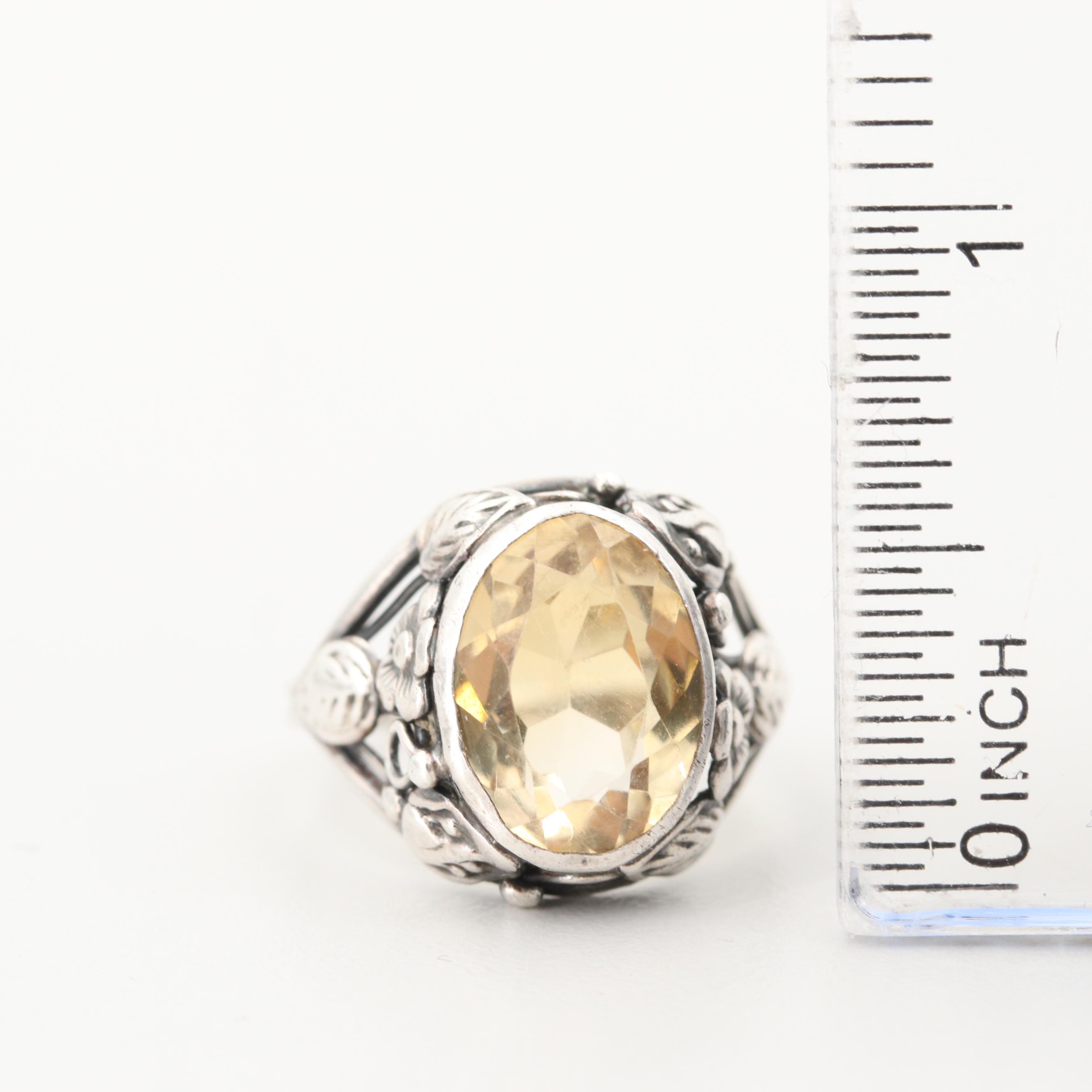 Sterling Silver Citrine Ring with Floral Motif