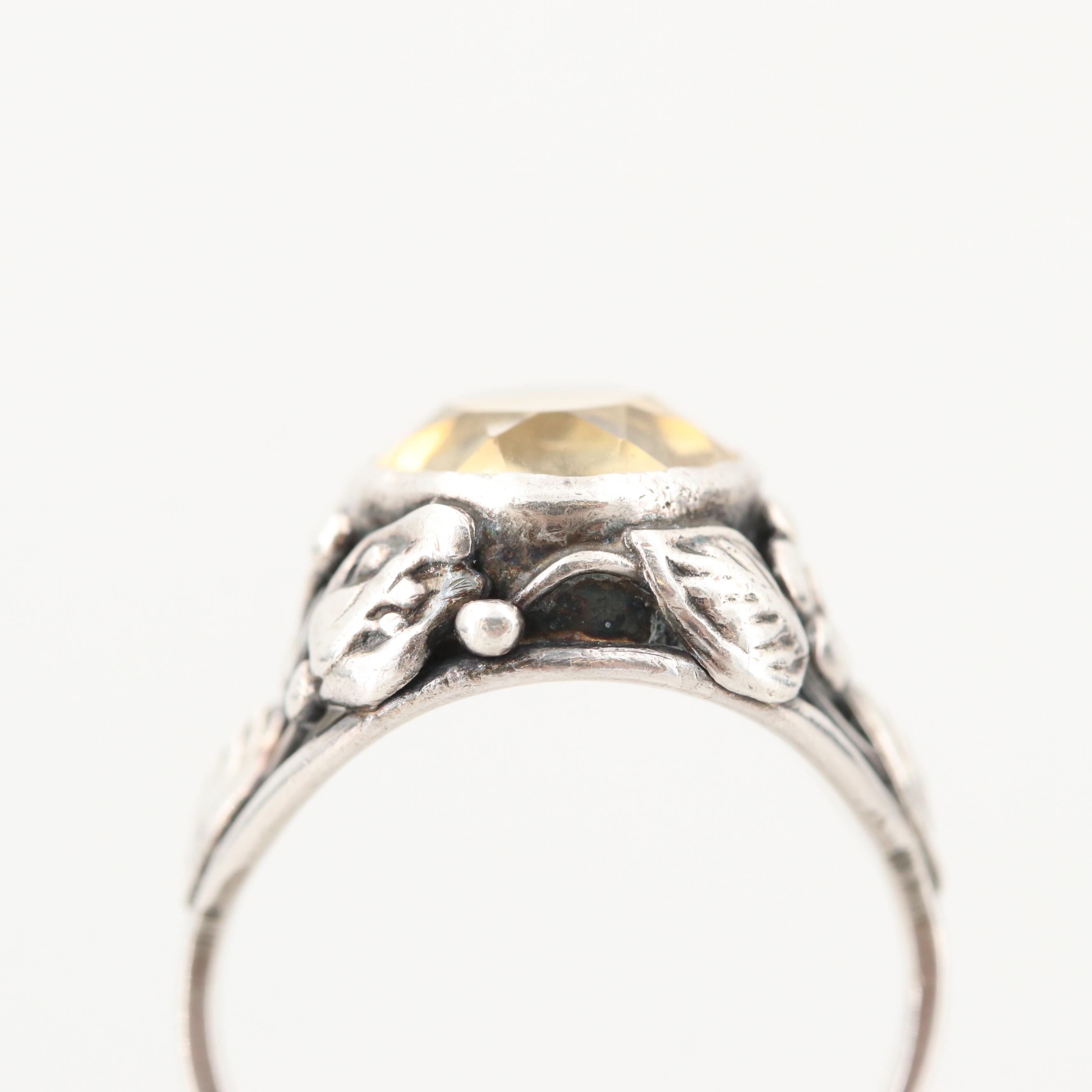 Sterling Silver Citrine Ring with Floral Motif