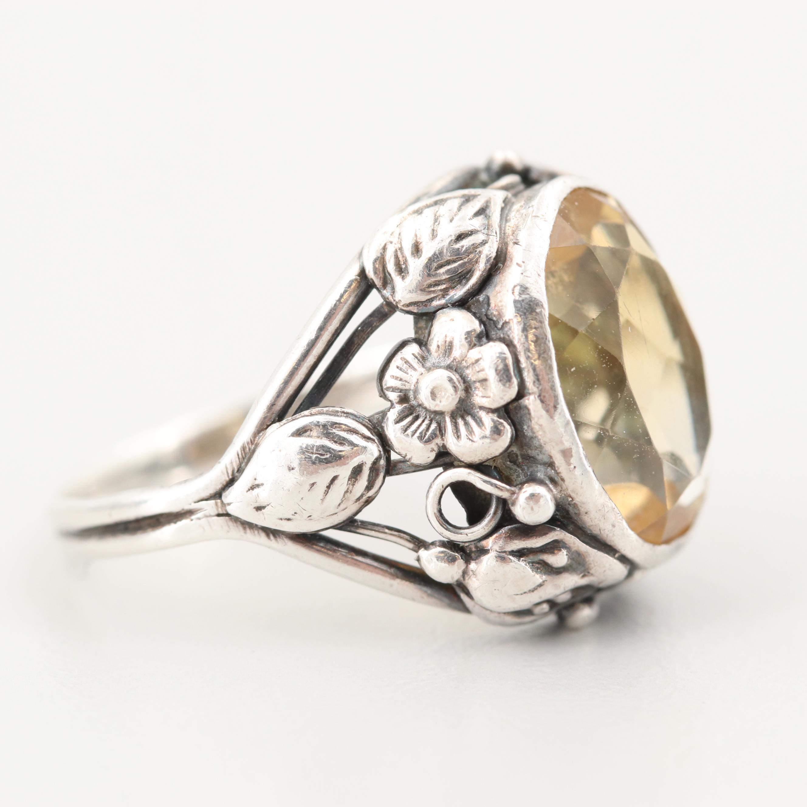 Sterling Silver Citrine Ring with Floral Motif