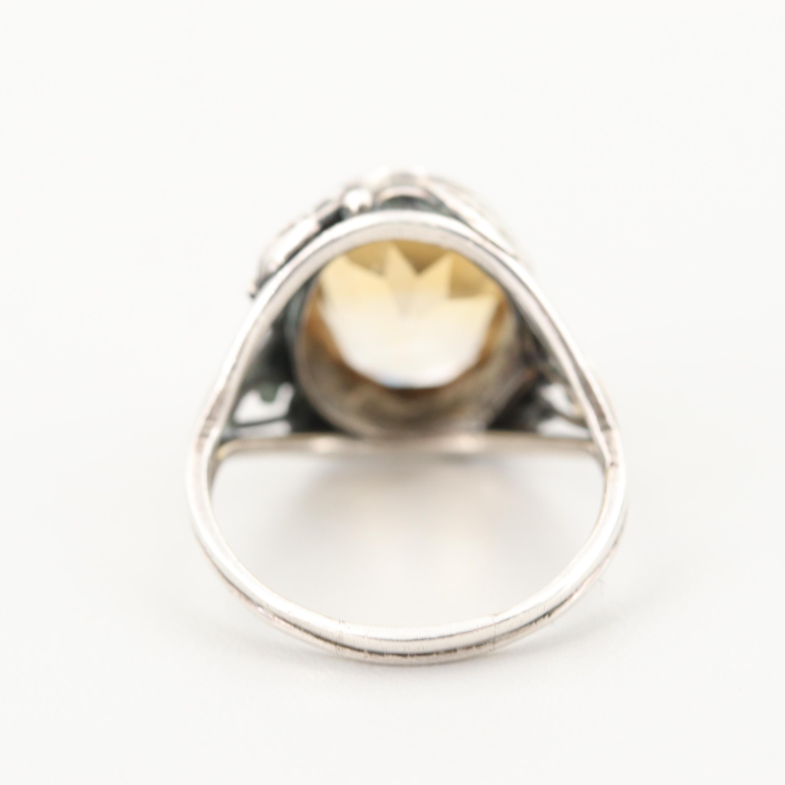 Sterling Silver Citrine Ring with Floral Motif