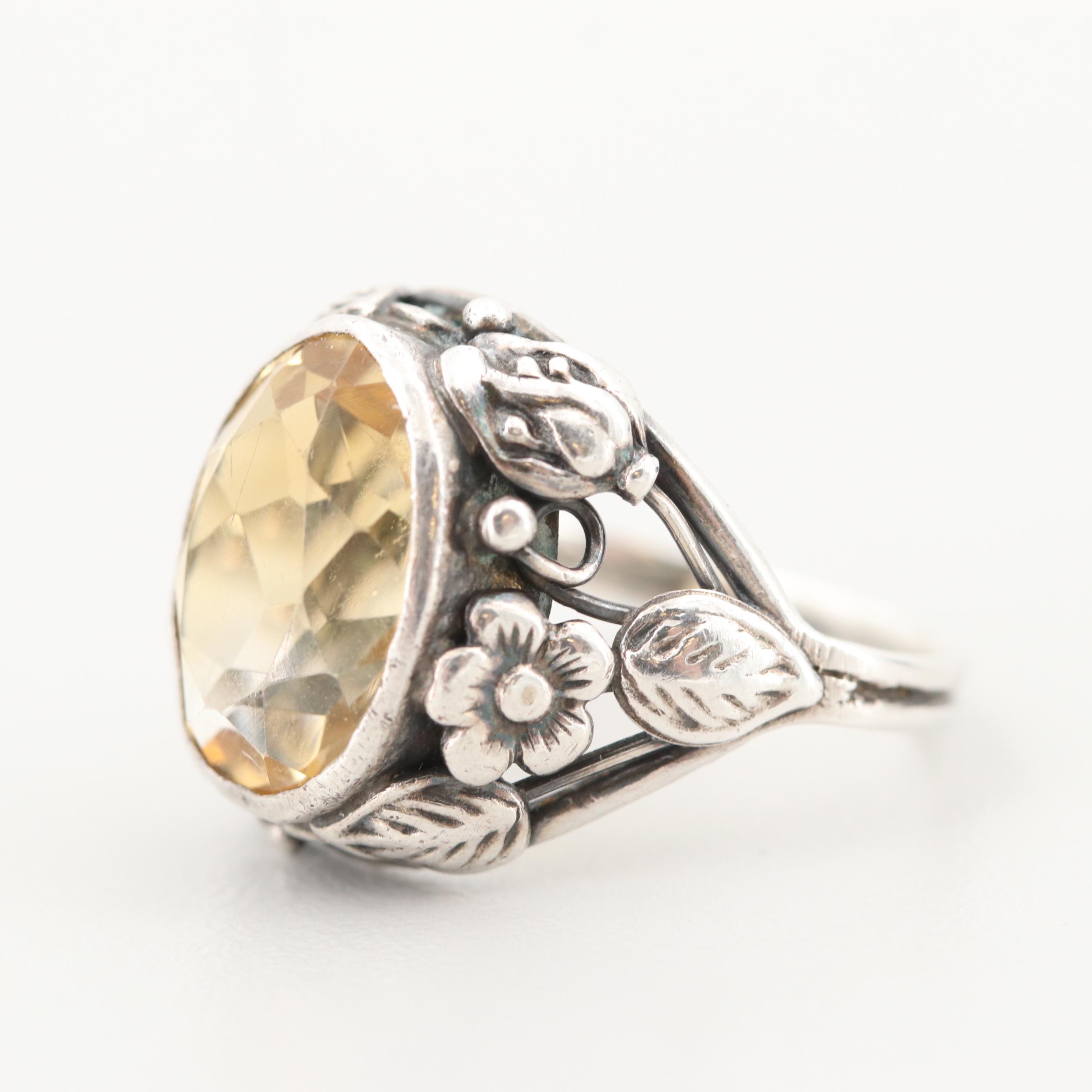 Sterling Silver Citrine Ring with Floral Motif