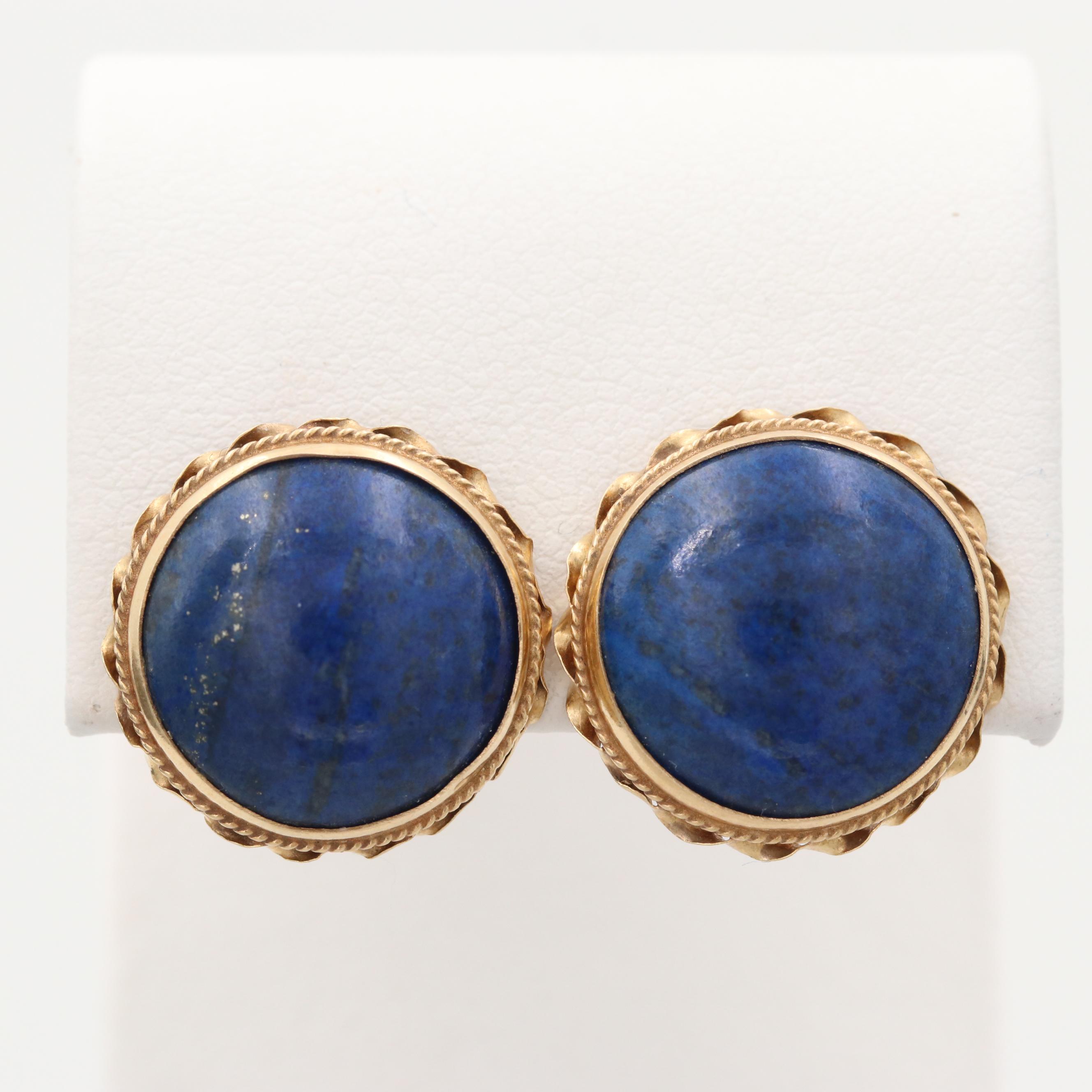 14K Yellow Gold Round Lapis Lazuli Cabochon Earrings