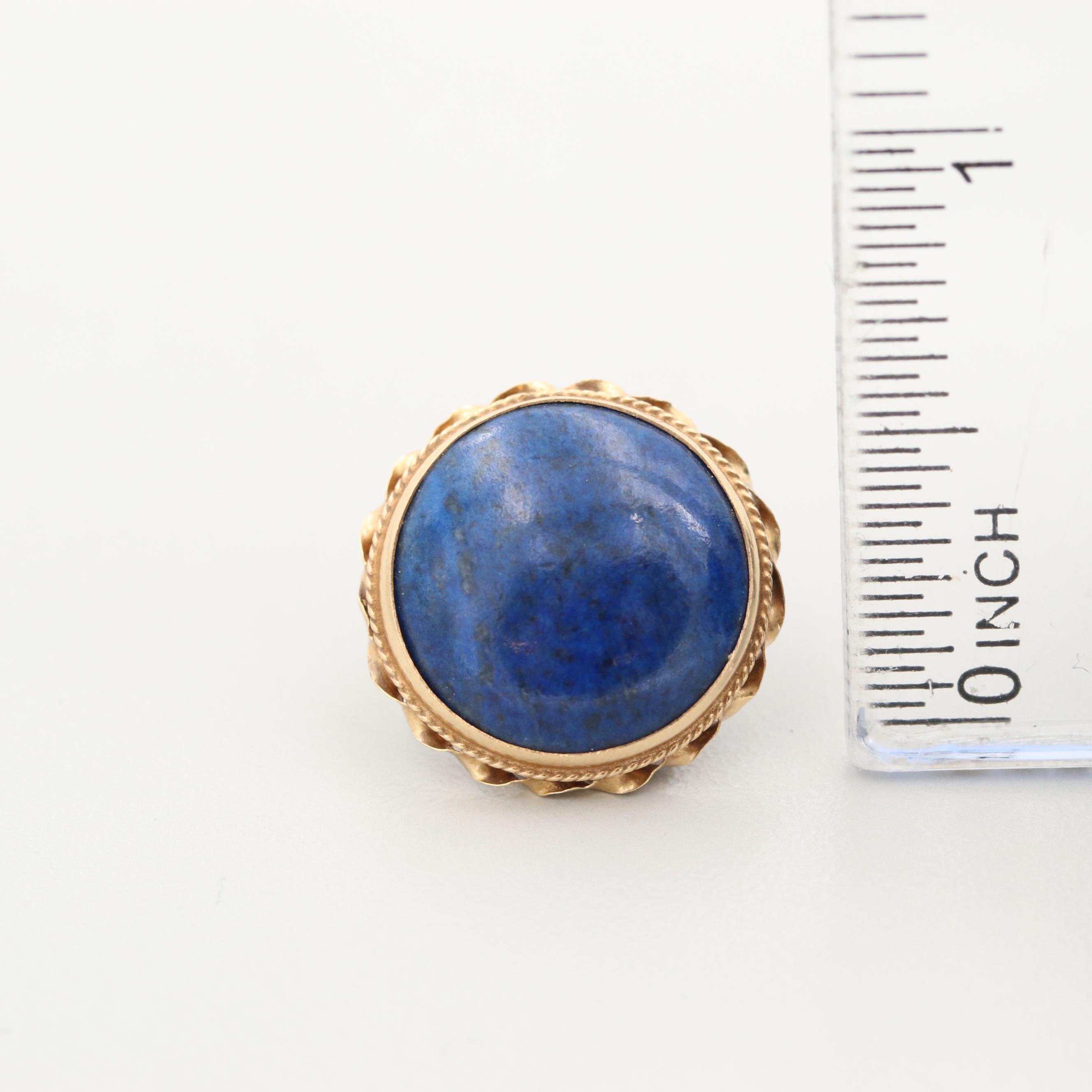 14K Yellow Gold Round Lapis Lazuli Cabochon Earrings