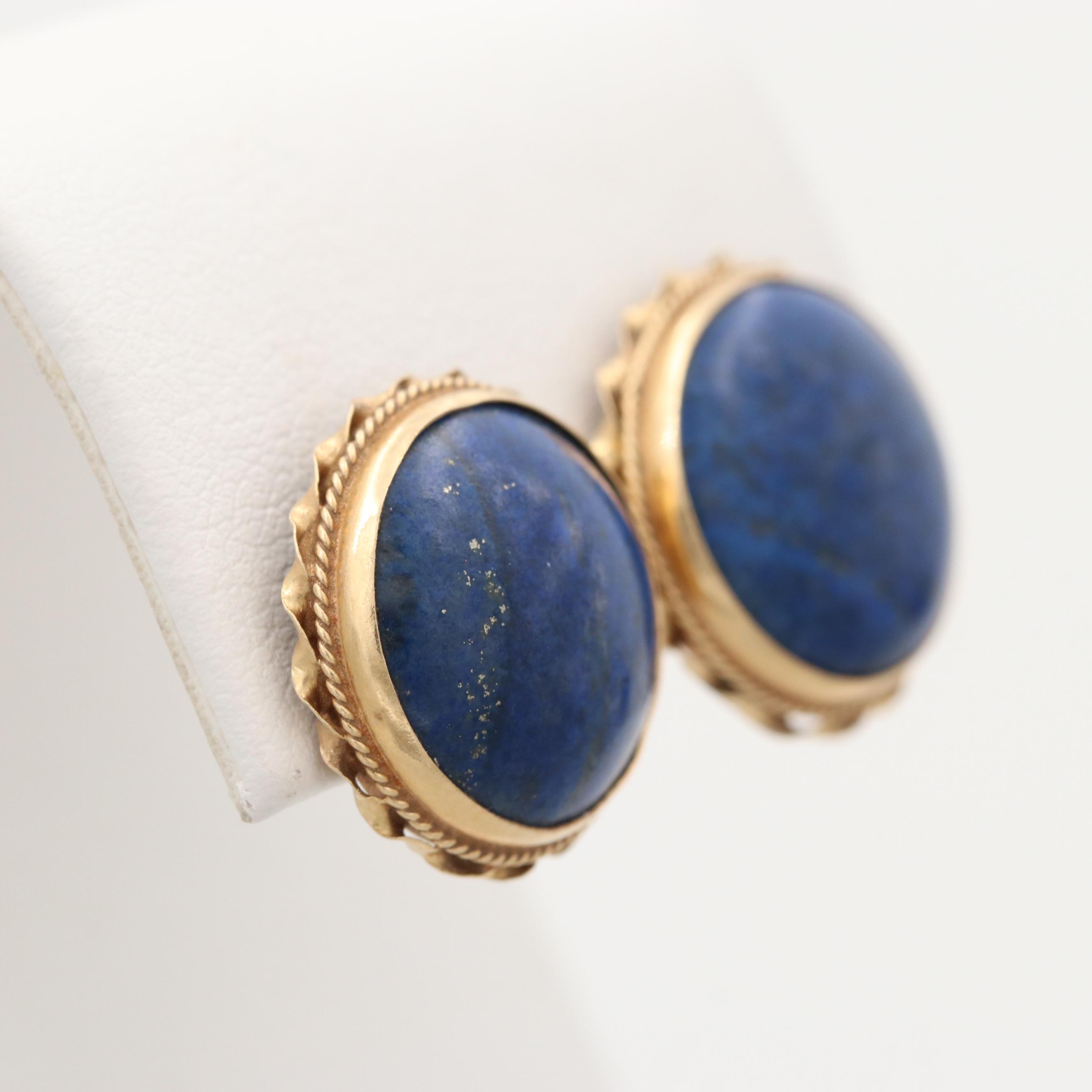 14K Yellow Gold Round Lapis Lazuli Cabochon Earrings