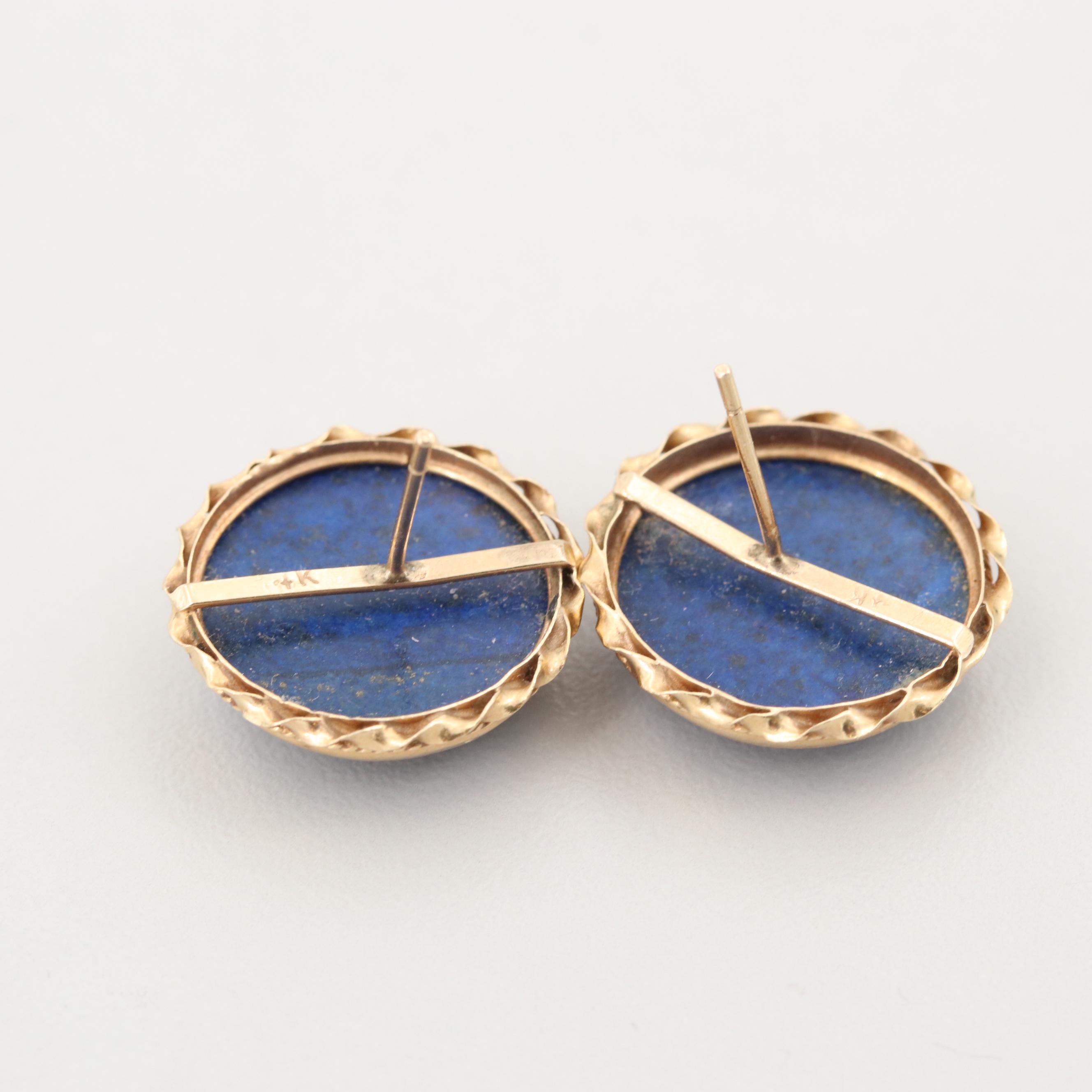 14K Yellow Gold Round Lapis Lazuli Cabochon Earrings