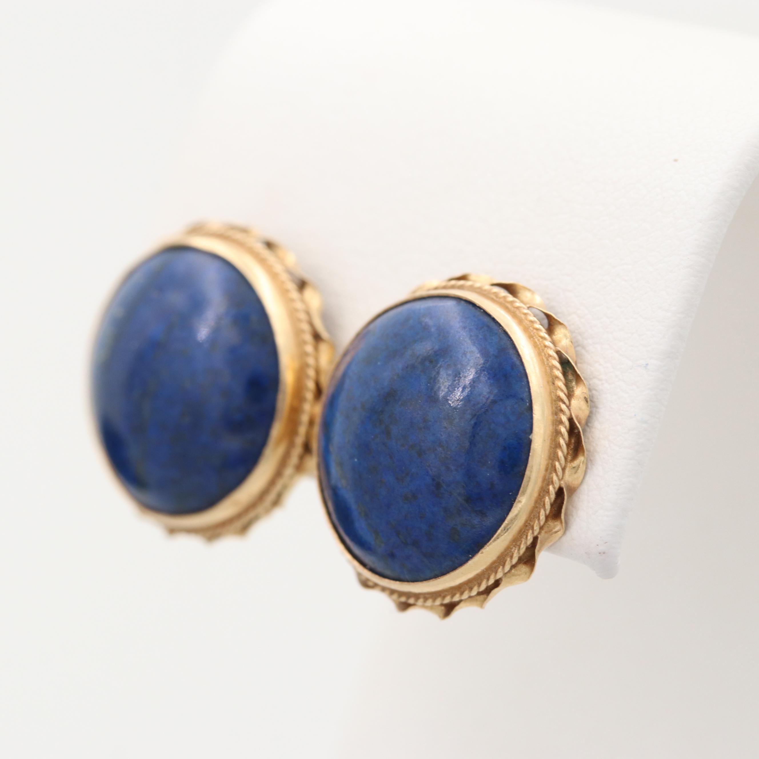 14K Yellow Gold Round Lapis Lazuli Cabochon Earrings