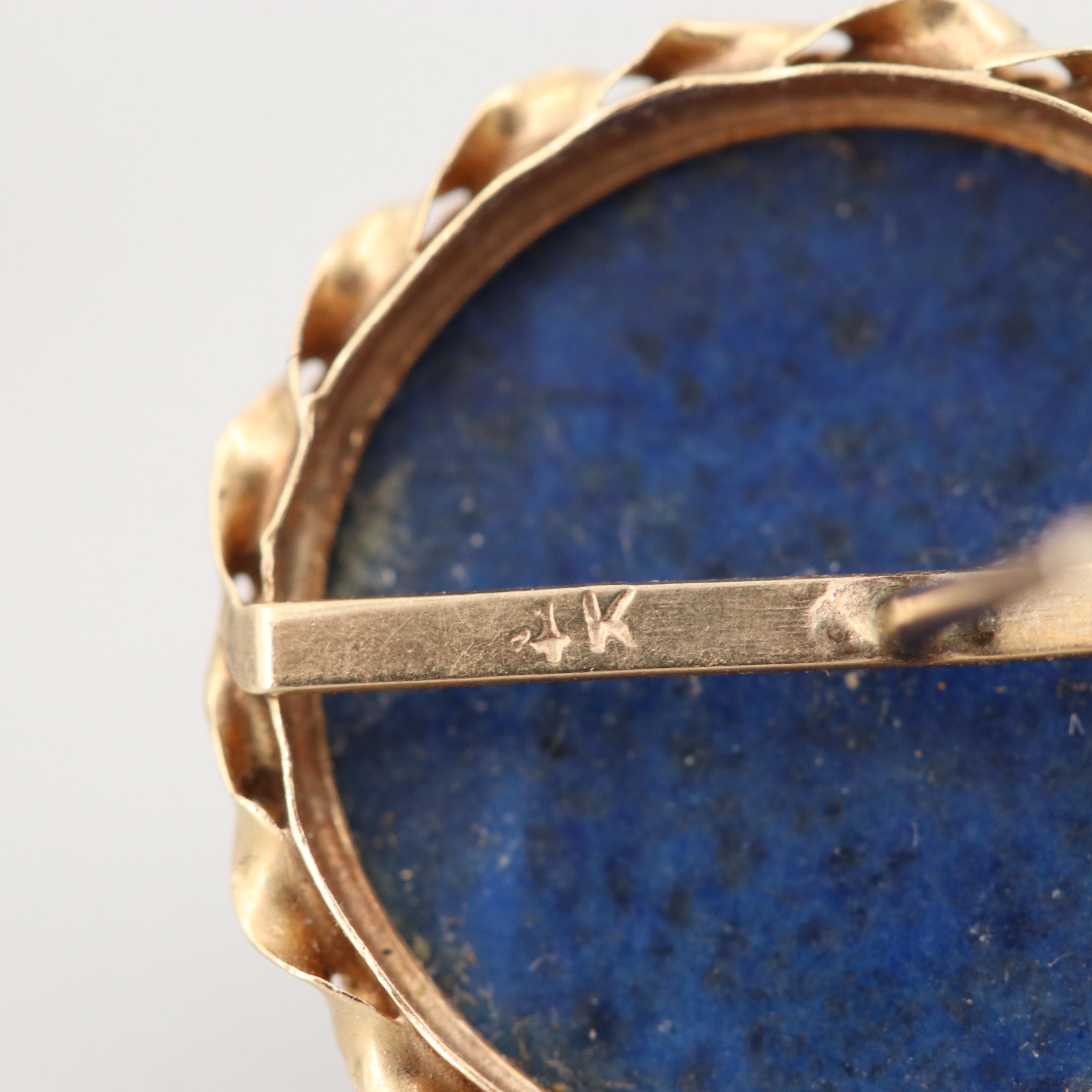 14K Yellow Gold Round Lapis Lazuli Cabochon Earrings