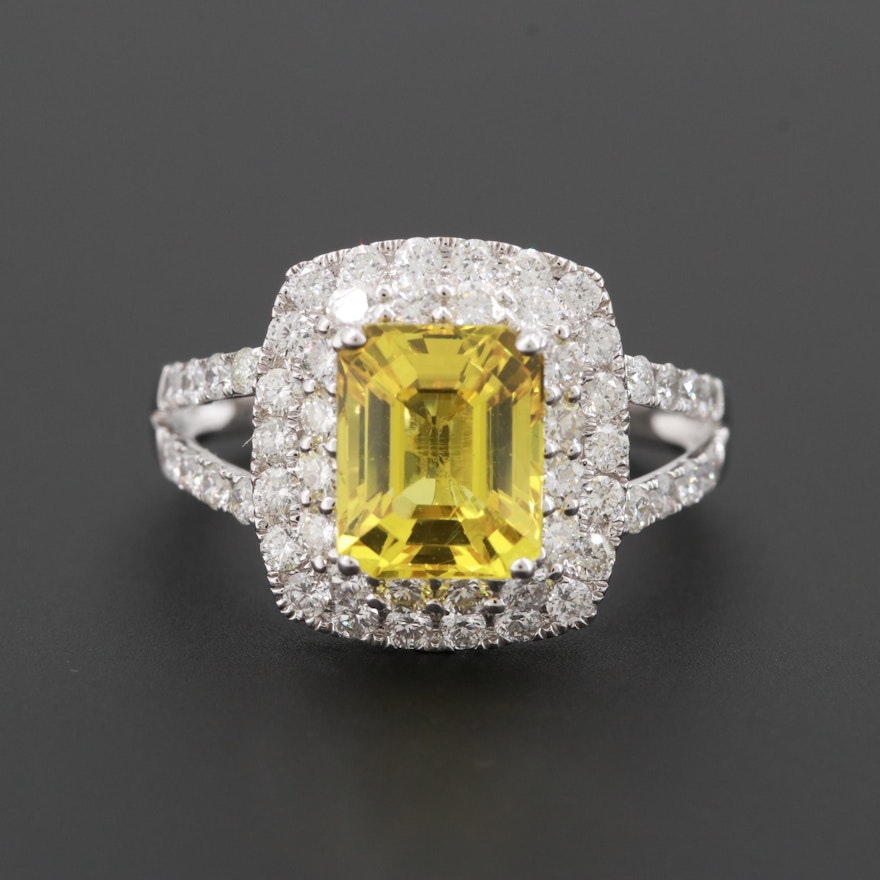 18K White Gold 2.72 CT Yellow Sapphire and 1.01 CTW Diamond Ring