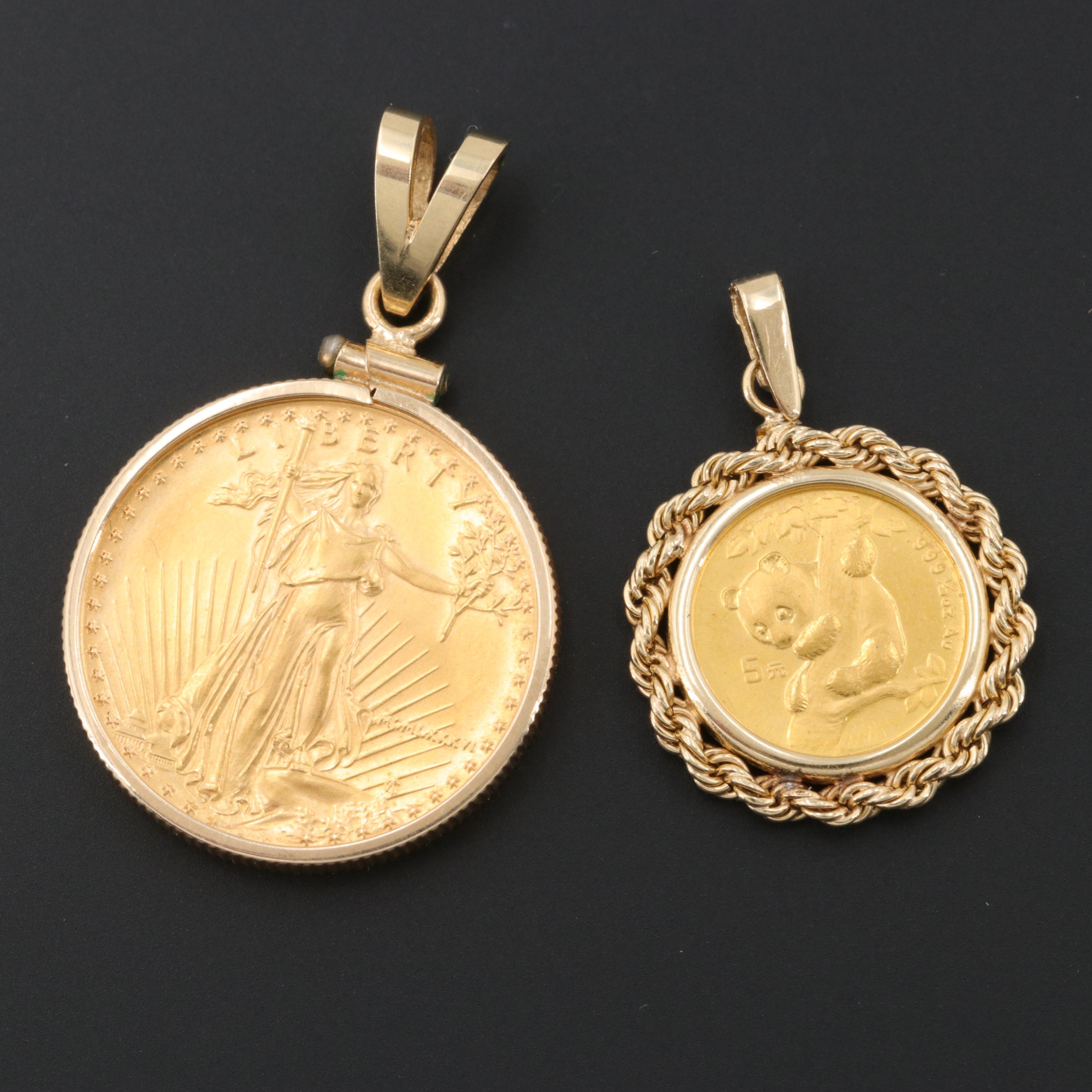 14K Pendants with 1986 $10 Gold Eagle and 1996 5-Yuan Chinese Gold Panda Coin