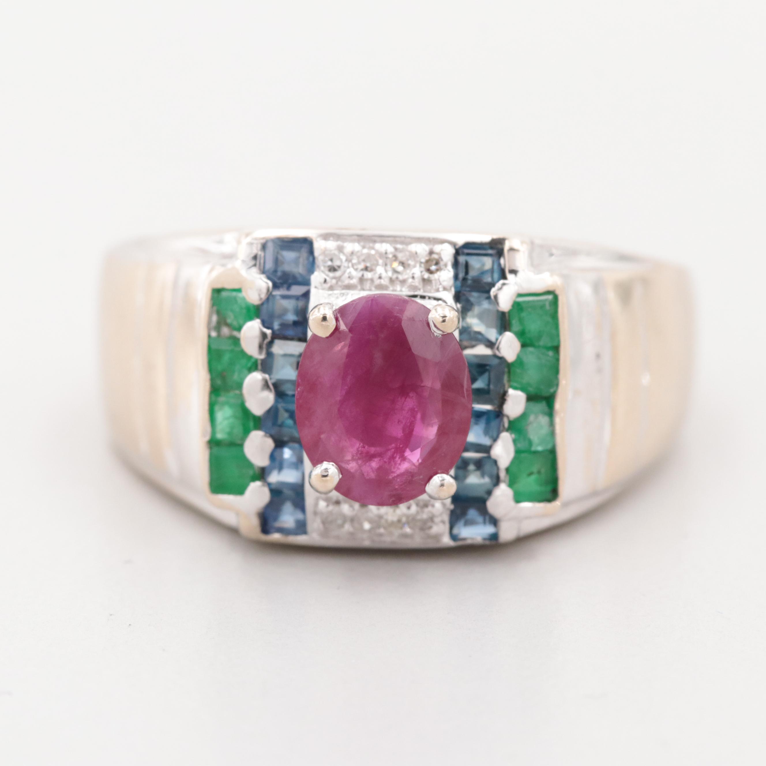 18K White Gold Ruby, Sapphire, Emerald and Diamond Ring